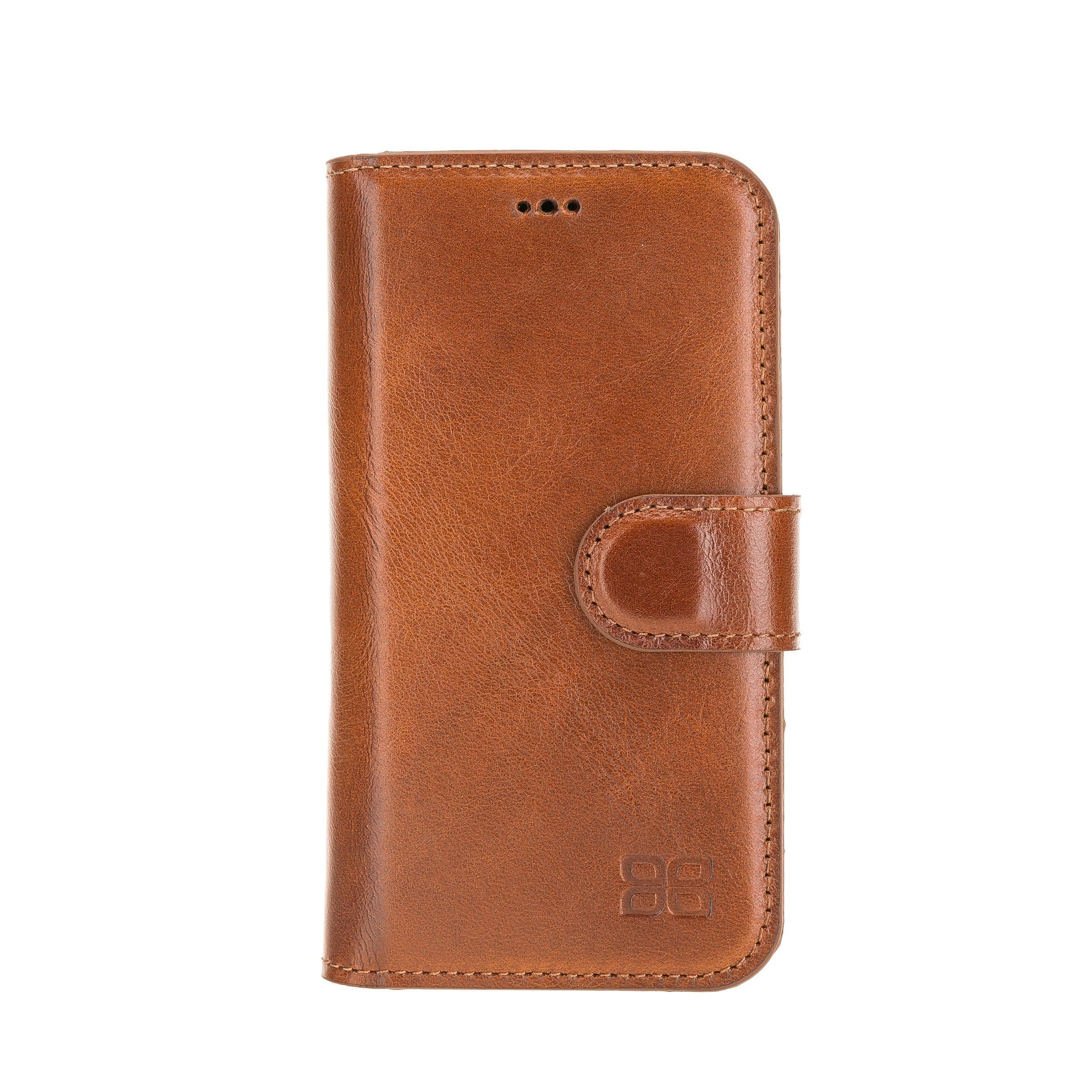 Bouletta Non Detachable Leather Wallet Case for Apple iPhone 12 Series in brown, showcasing card slots and banknotes compartment.
