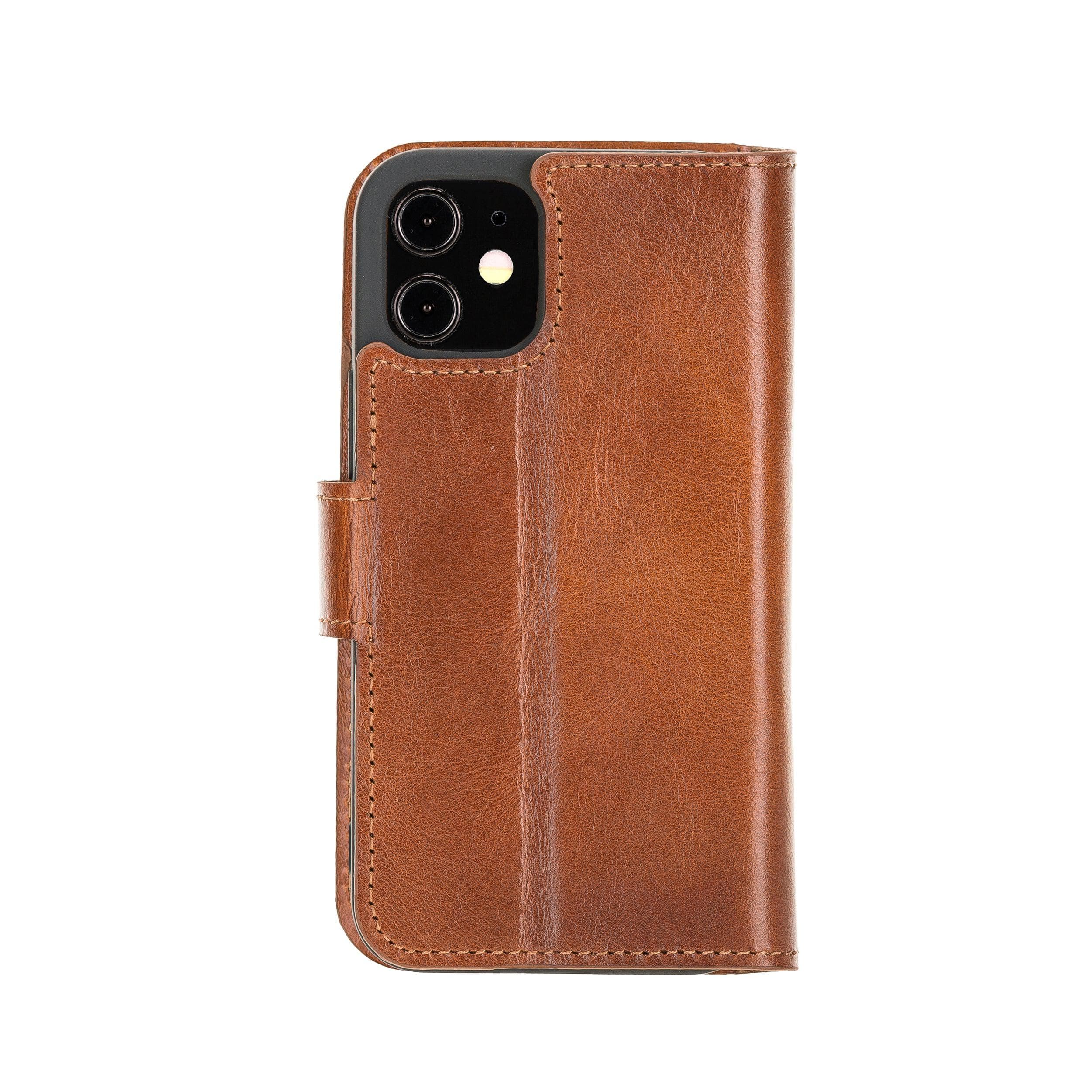Bouletta Non Detachable Leather Wallet Case for Apple iPhone 12 Series in brown, showcasing card slots and banknotes compartment.