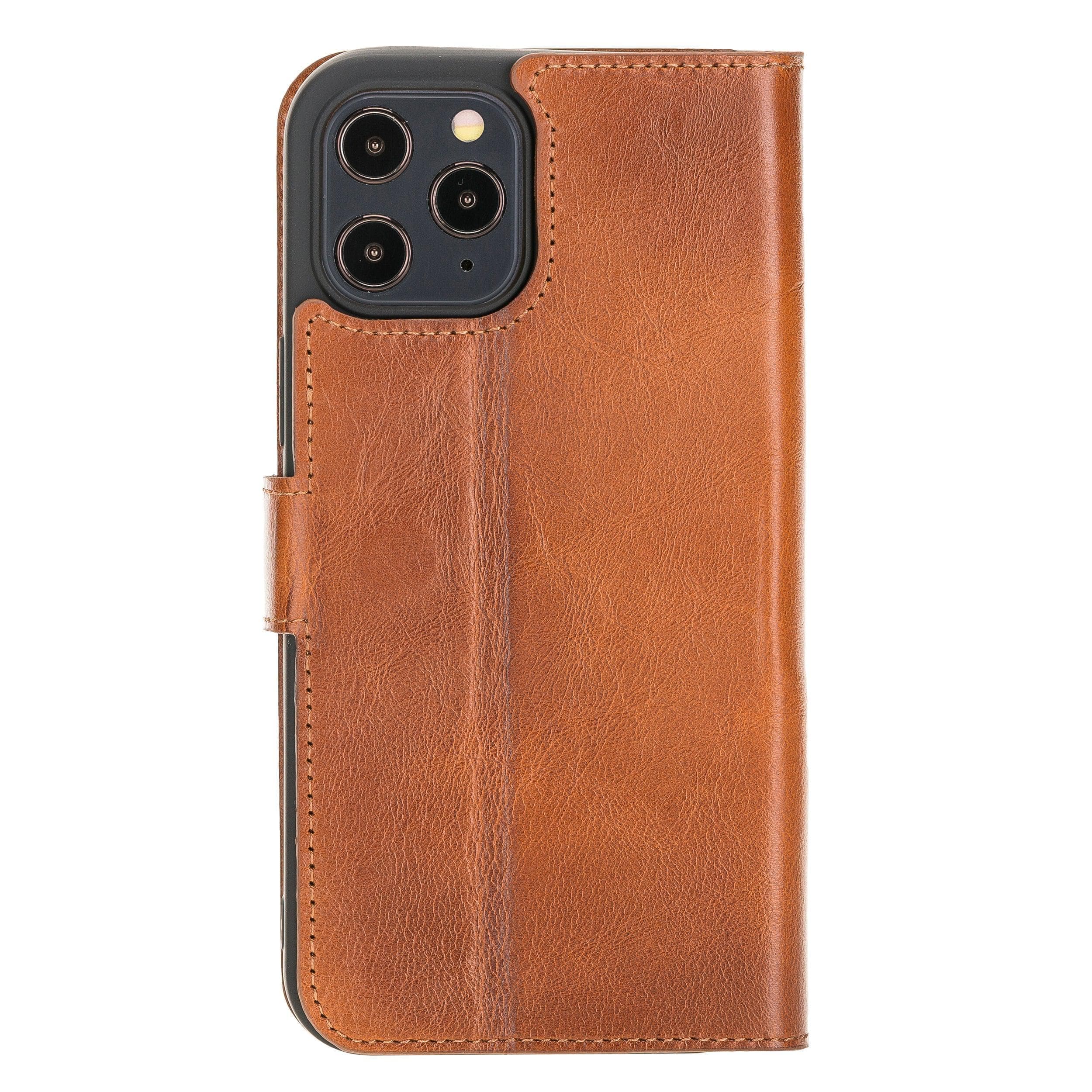 Bouletta Non Detachable Leather Wallet Case for Apple iPhone 12 Series in brown, showcasing card slots and banknotes compartment.