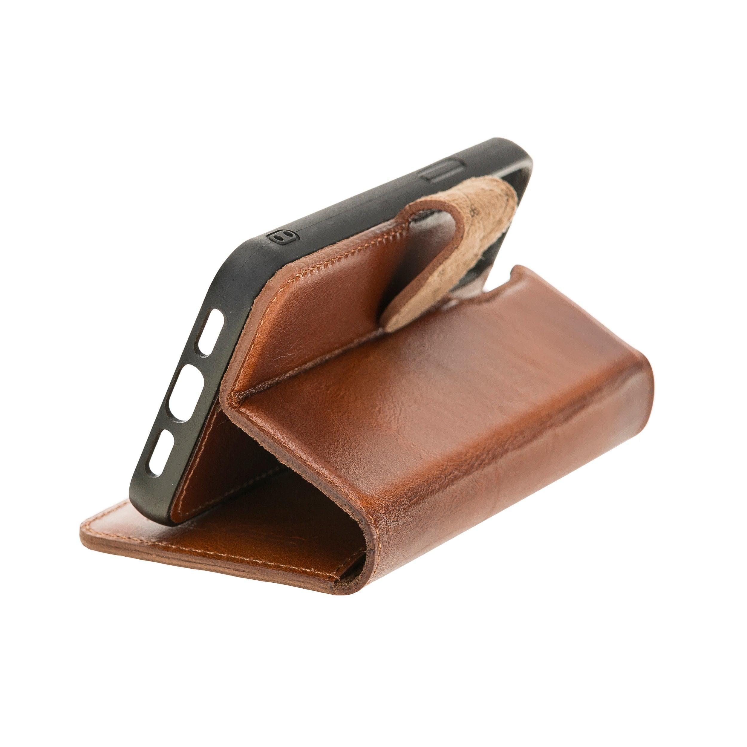 Bouletta Non Detachable Leather Wallet Case for Apple iPhone 12 Series in brown, showcasing card slots and banknotes compartment.
