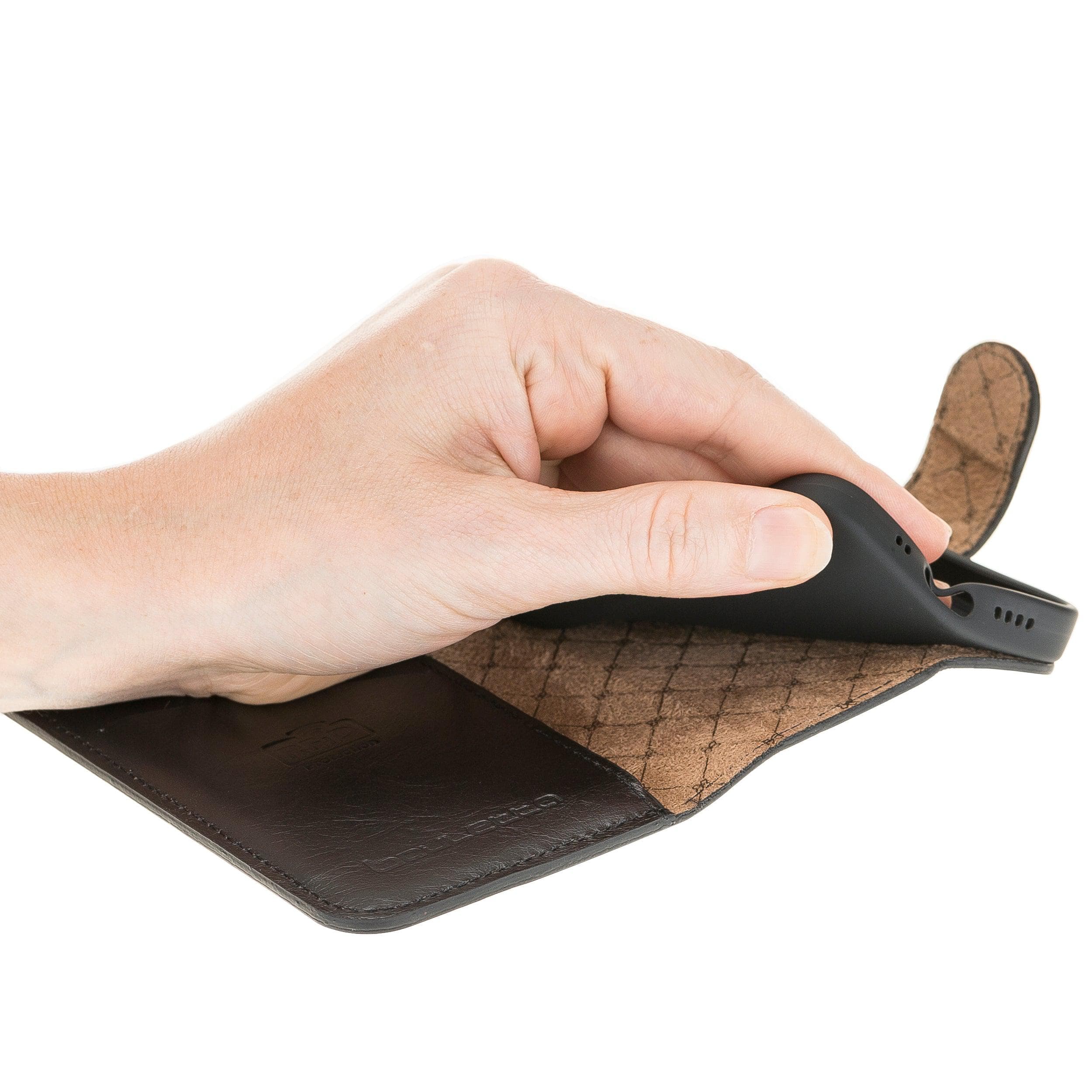 Bouletta Non Detachable Leather Wallet Case for Apple iPhone 12 Series in brown, showcasing card slots and banknotes compartment.