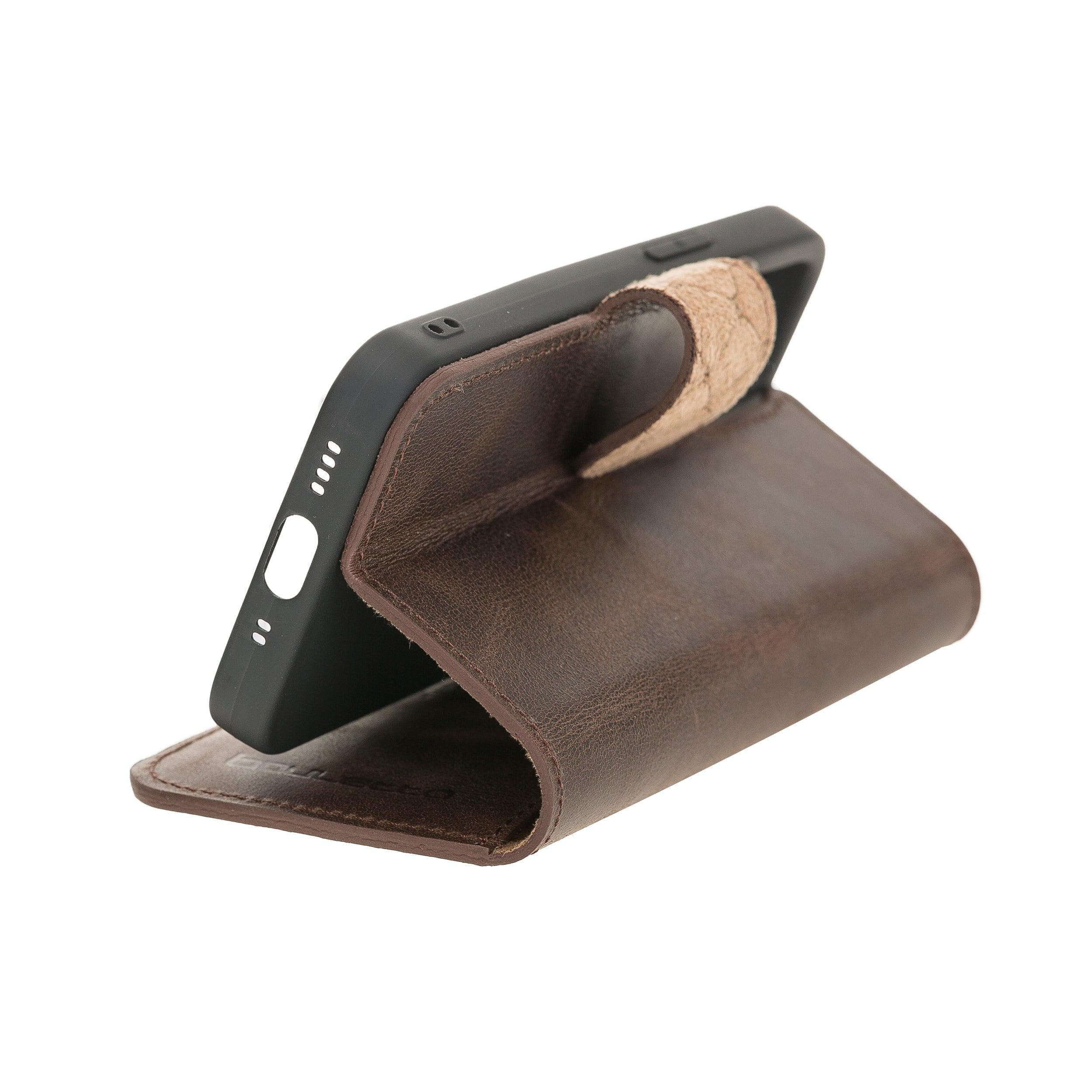 Bouletta Non Detachable Leather Wallet Case for Apple iPhone 12 Series in brown, showcasing card slots and banknotes compartment.