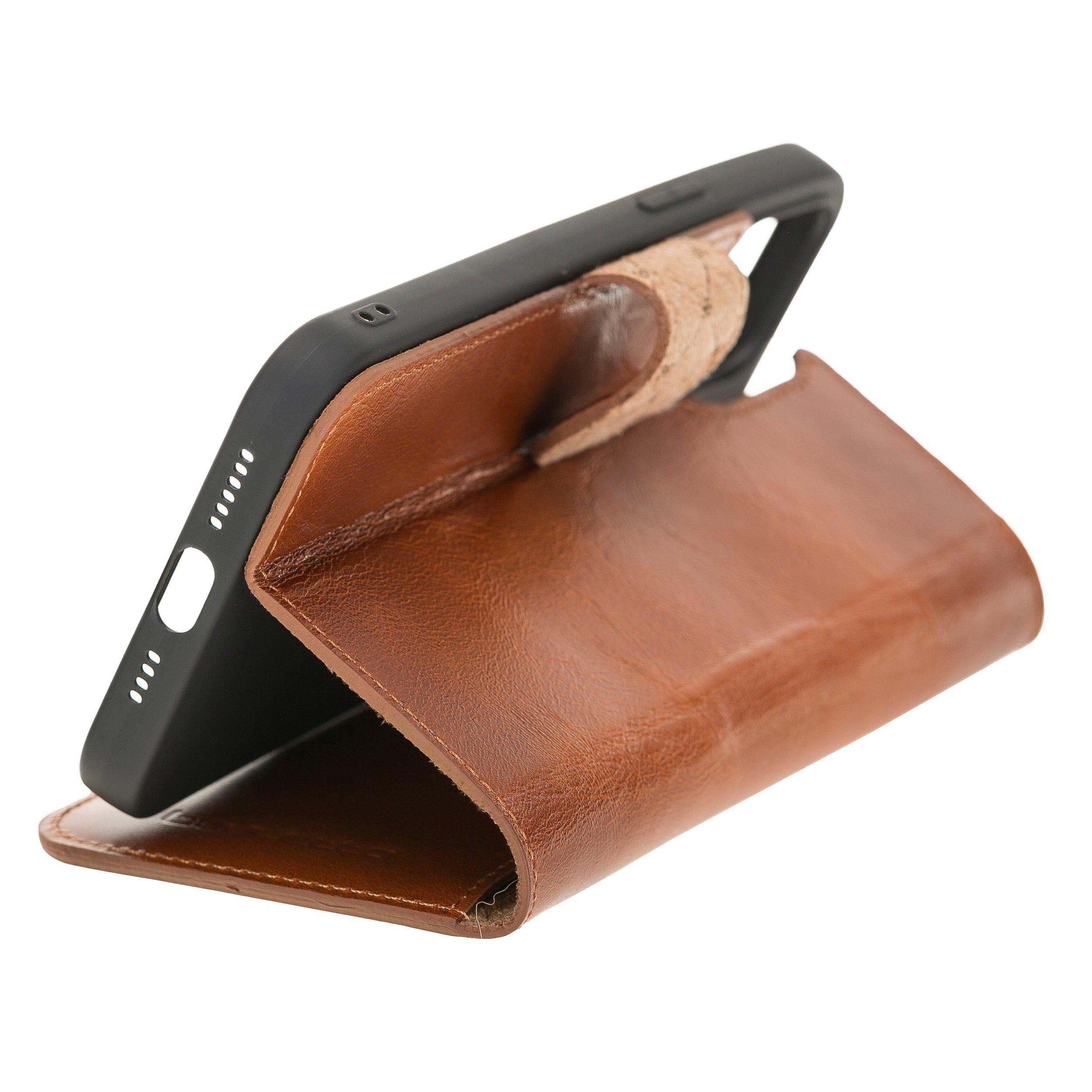 Bouletta Non Detachable Leather Wallet Case for Apple iPhone 12 Series in brown, showcasing card slots and banknotes compartment.