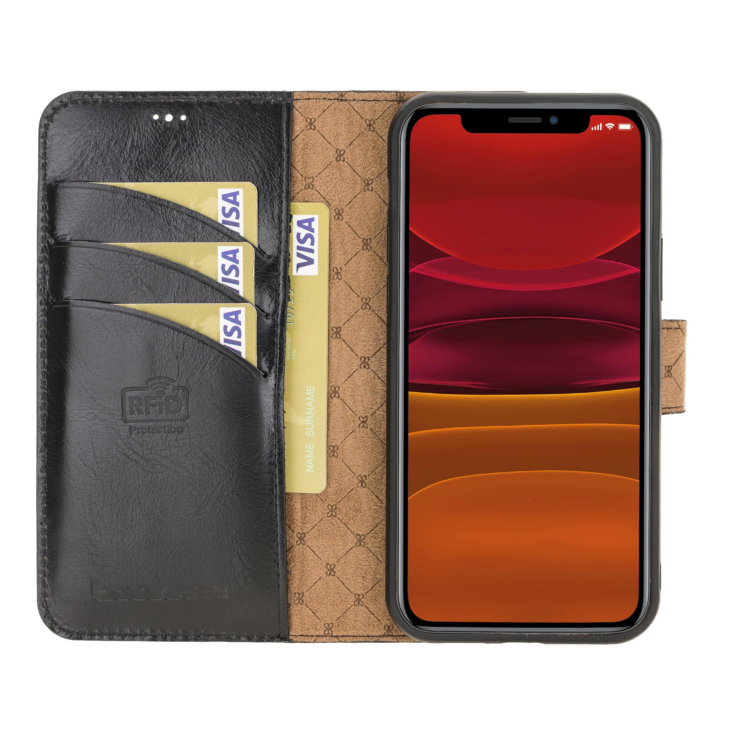 Bouletta Non Detachable Leather Wallet Case for Apple iPhone 12 Series in brown, showcasing card slots and banknotes compartment.
