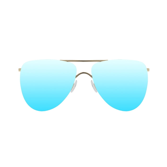 Blue mirrored aviator sunglasses.