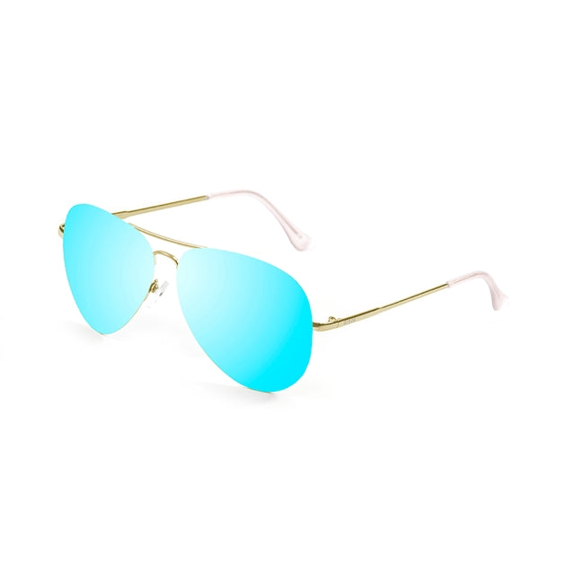 Gold frame sunglasses with blue lenses.