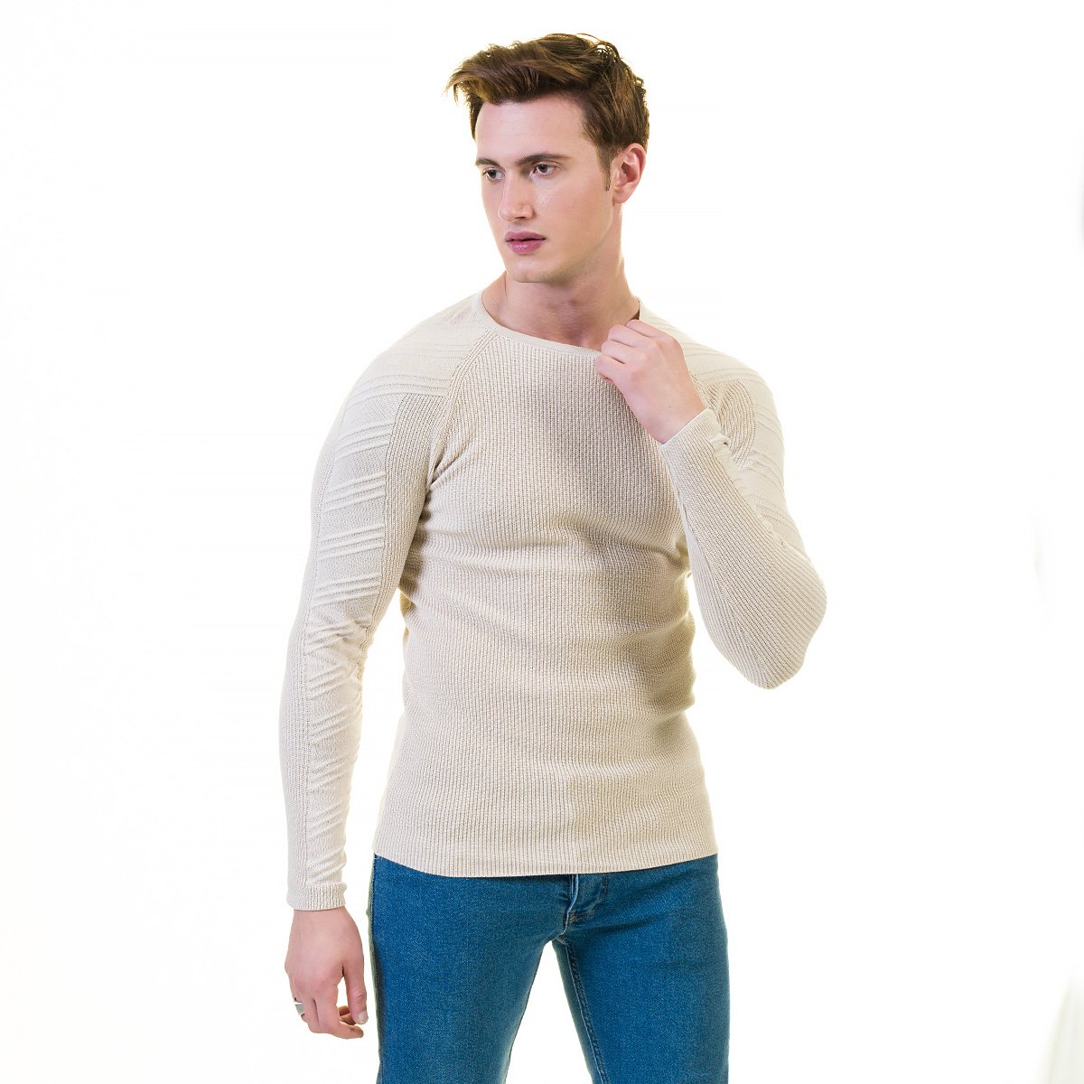 Off White European Wool Luxury Zippered Sweater Jacket with hoodie, showcasing its elegant design and soft fabric.