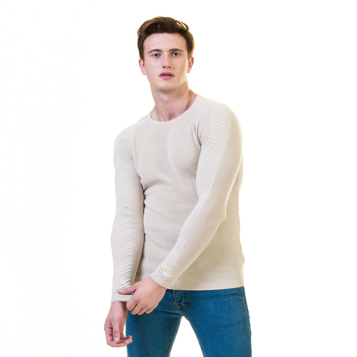 Off White European Wool Luxury Zippered Sweater Jacket with hoodie, showcasing its elegant design and soft fabric.