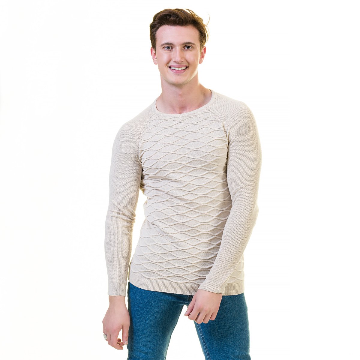 Off White Printed European Wool Luxury Zippered Sweater Jacket featuring a full zip front and hoodie, made from soft luxury cotton.