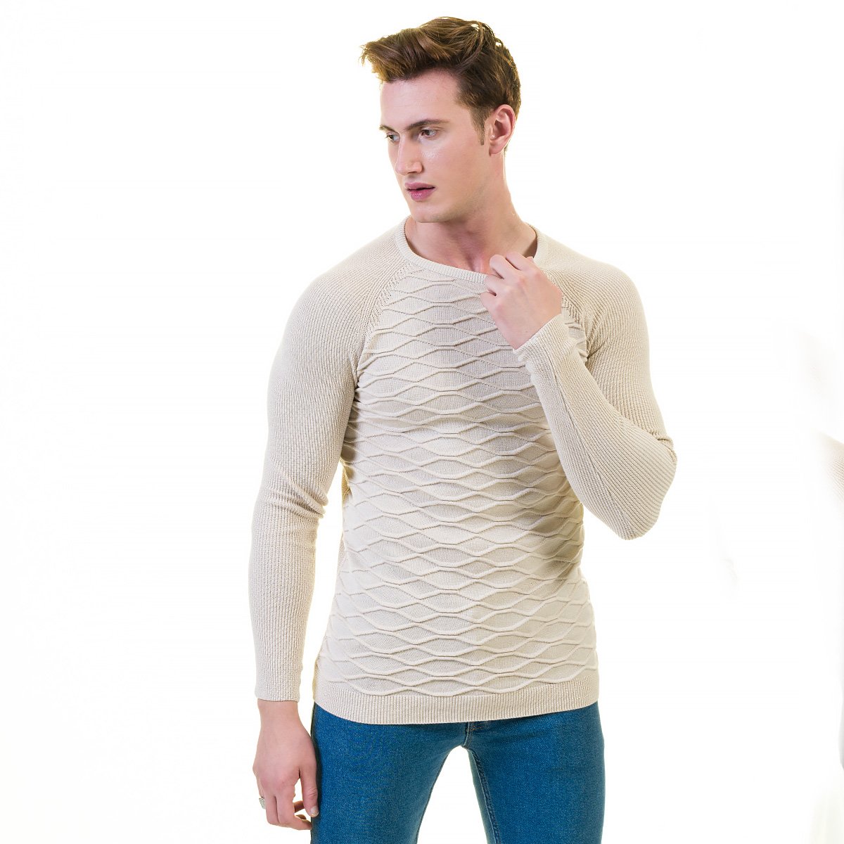 Off White Printed European Wool Luxury Zippered Sweater Jacket featuring a full zip front and hoodie, made from soft luxury cotton.