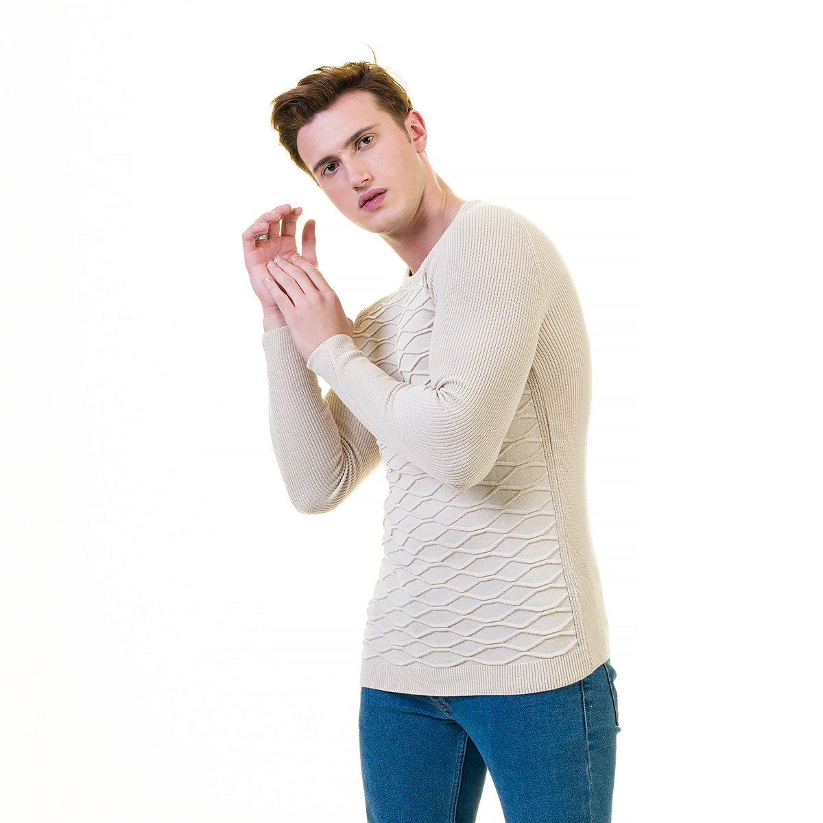 Off White Printed European Wool Luxury Zippered Sweater Jacket featuring a full zip front and hoodie, made from soft luxury cotton.