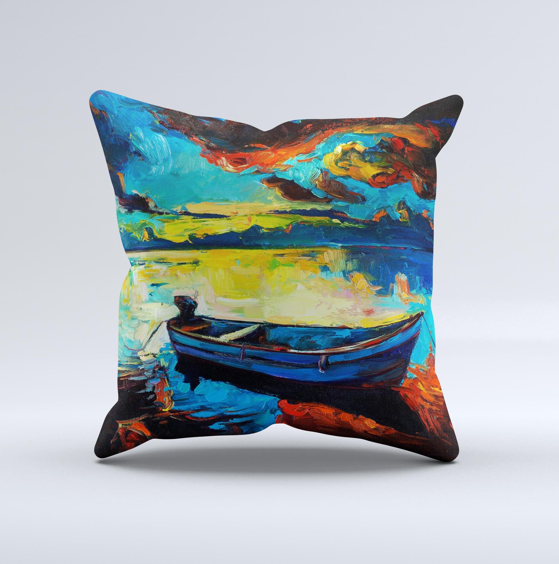 Oil pastel decorative throw pillow featuring a boat on the shore, handcrafted in Virginia with high-quality fabric and unique design.