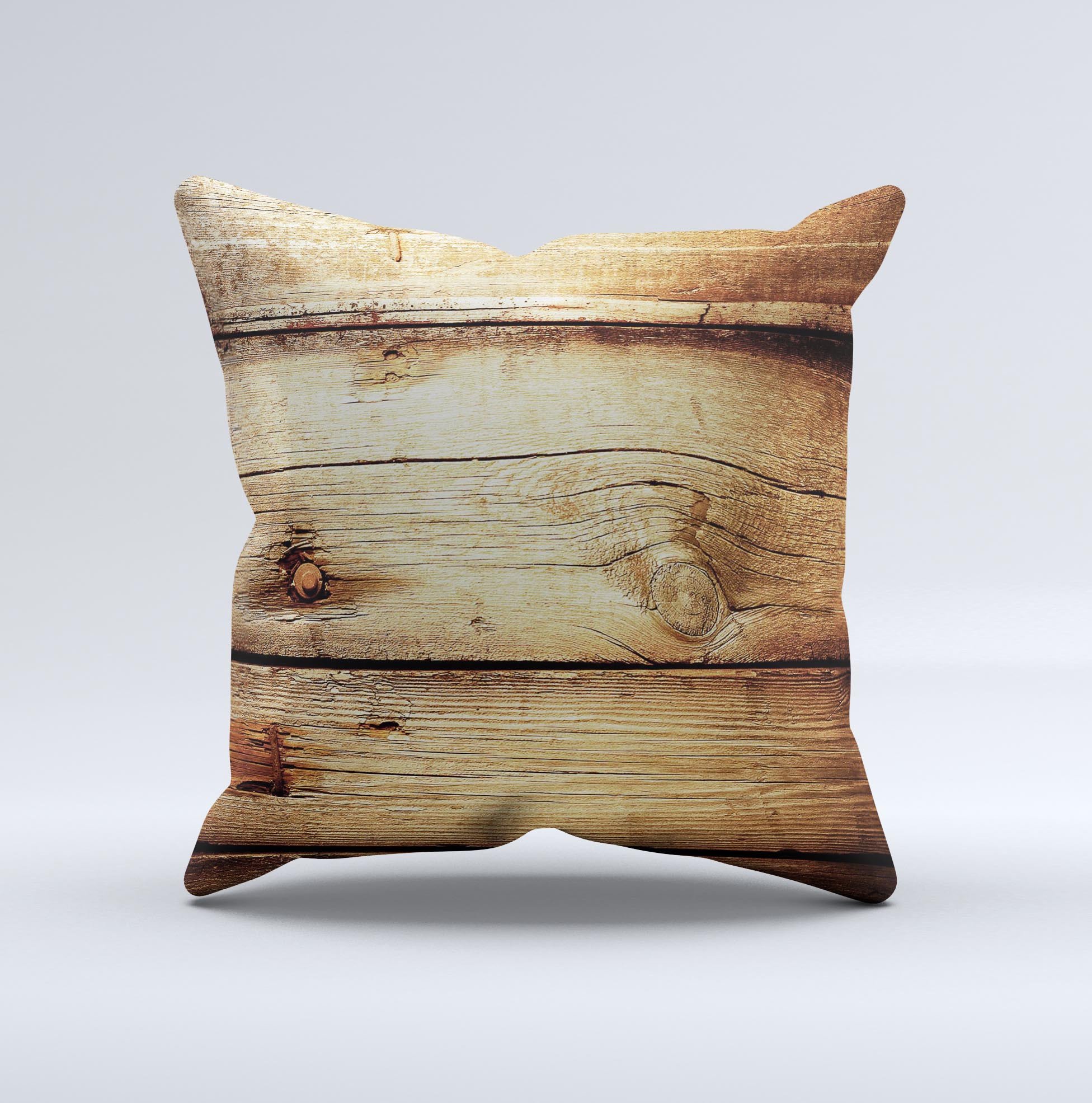 Old Bolted Wooden Planks ink-Fuzed Decorative Throw Pillow showcasing a rustic design with high-quality fabric and unique hand-produced graphics.