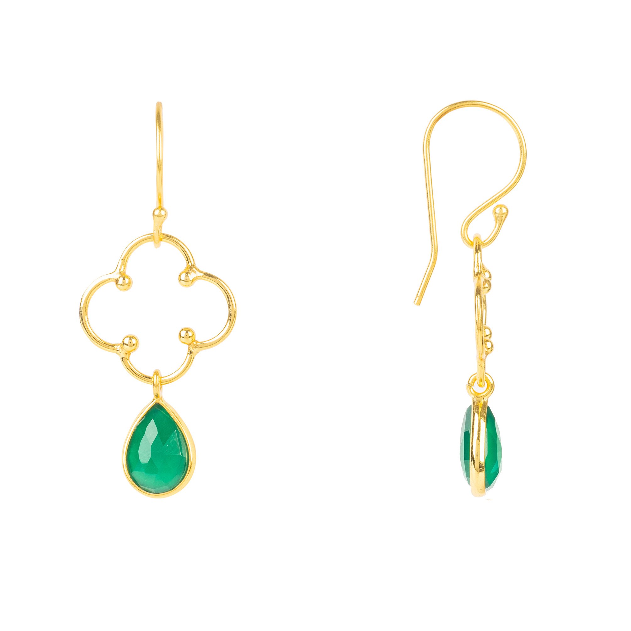Open Clover Gemstone Drop Earrings featuring Green Onyx and 22ct gold plating, elegantly designed with a French hook.