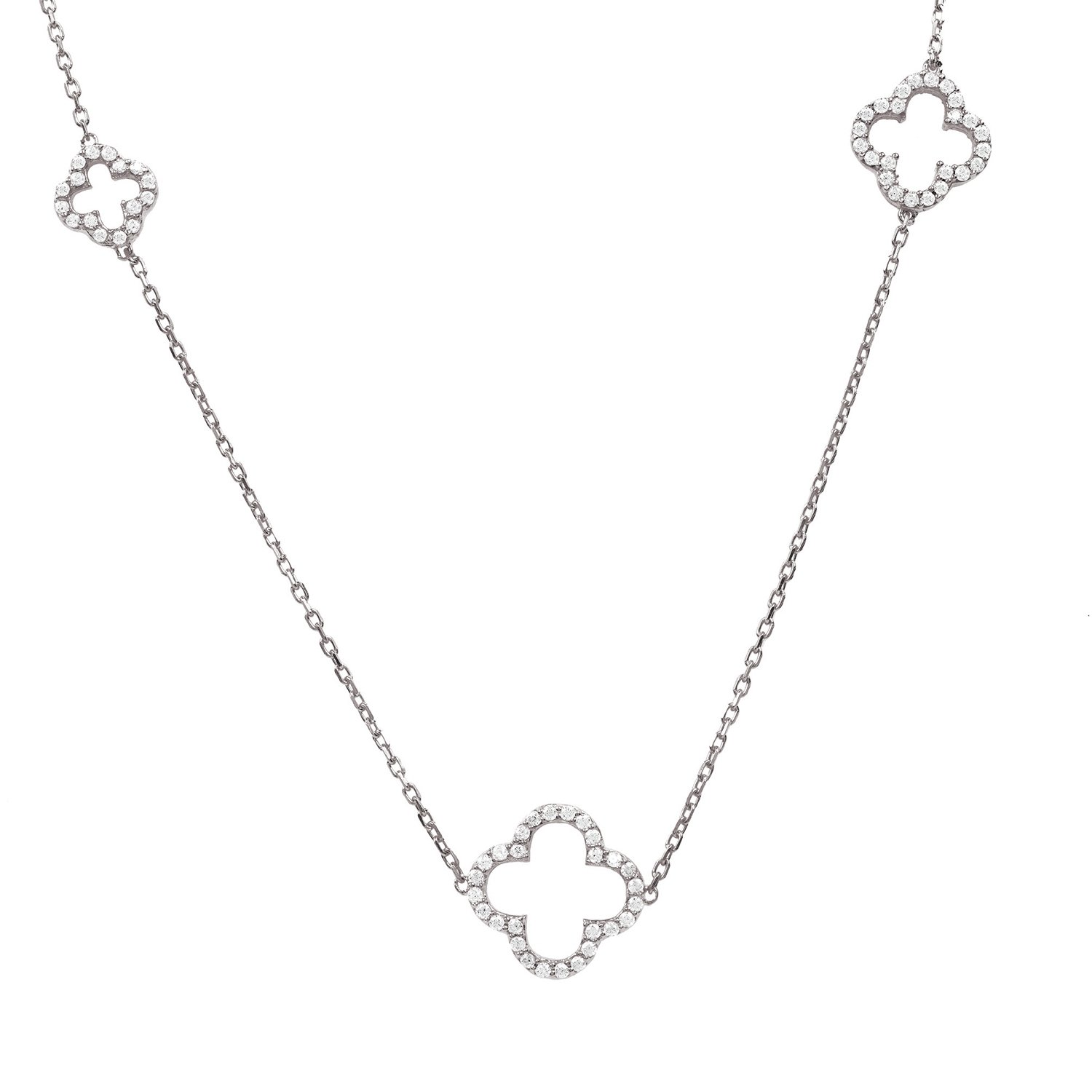 Open Clover Long White Cz Necklace in Silver featuring alternating clover motifs and sparkling cubic zirconia.