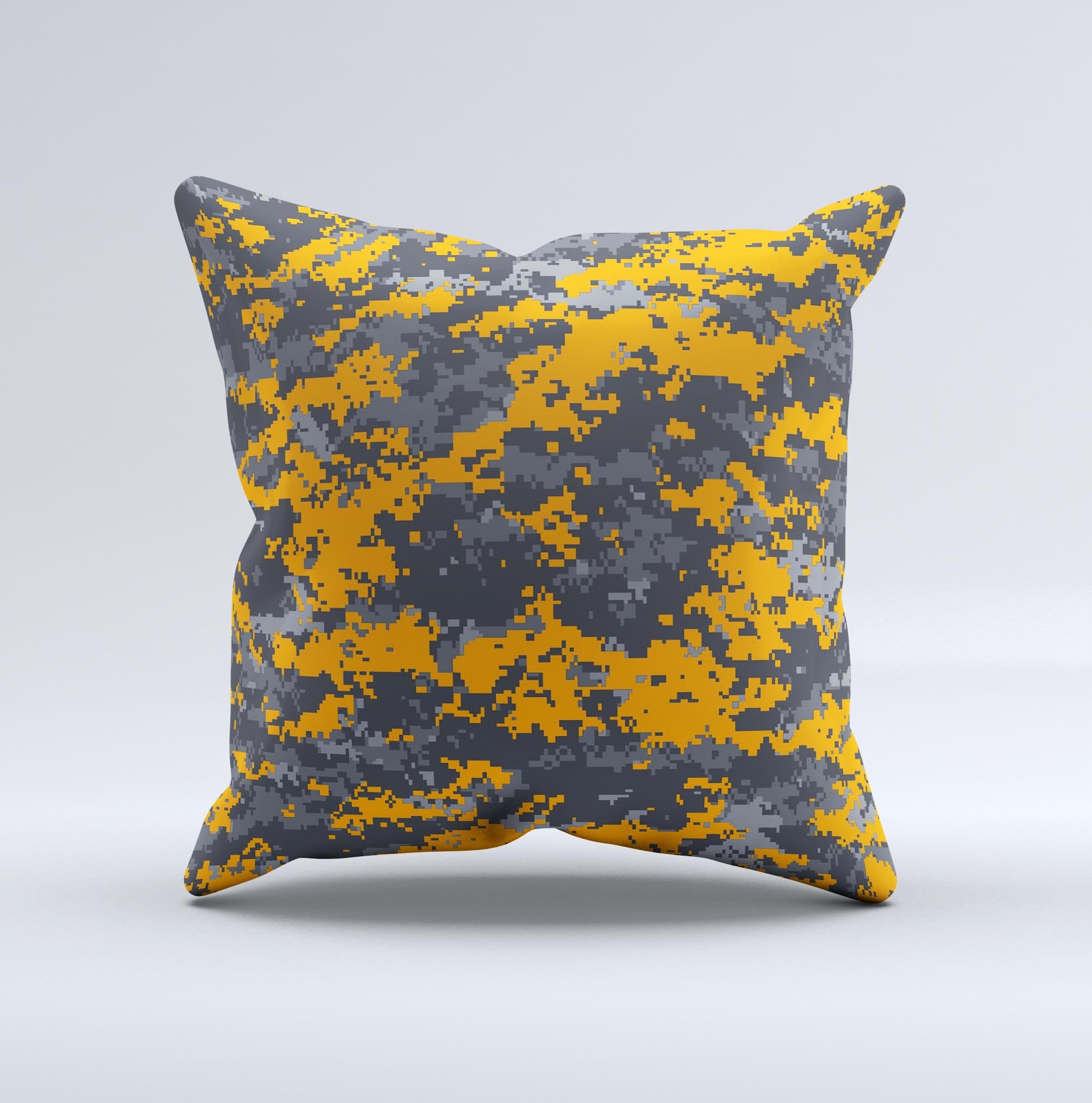 Orange and gray digital camouflage decorative throw pillow with high thread count fabric and unique handmade design.