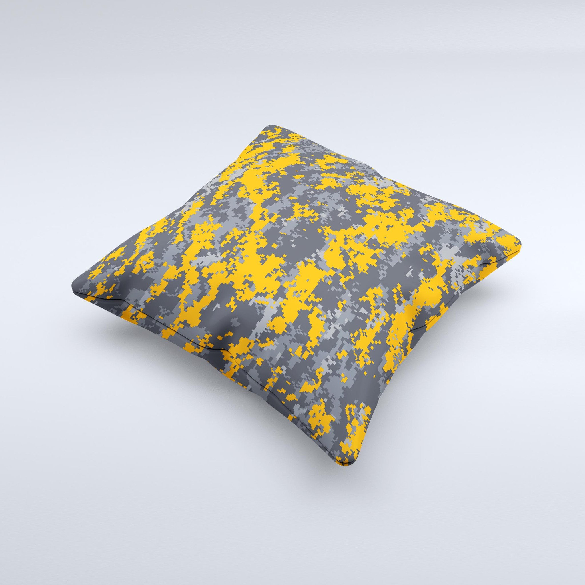 Orange and gray digital camouflage decorative throw pillow with high thread count fabric and unique handmade design.