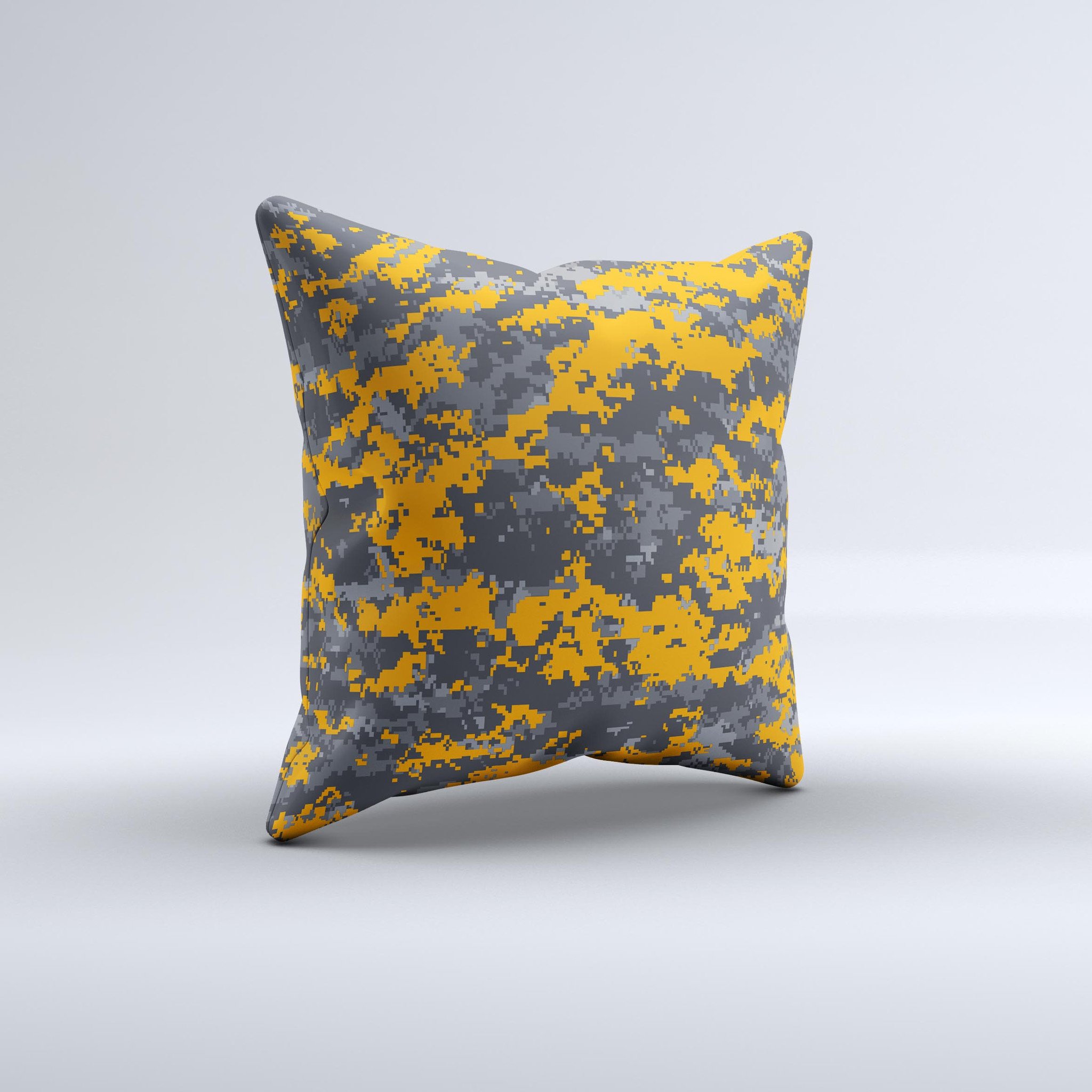 Orange and gray digital camouflage decorative throw pillow with high thread count fabric and unique handmade design.