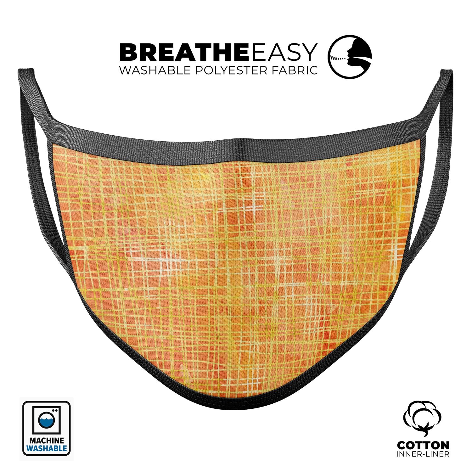 Orange and yellow watercolor strings face mask, showcasing vibrant colors and adjustable ear-loop bands, made in the USA.