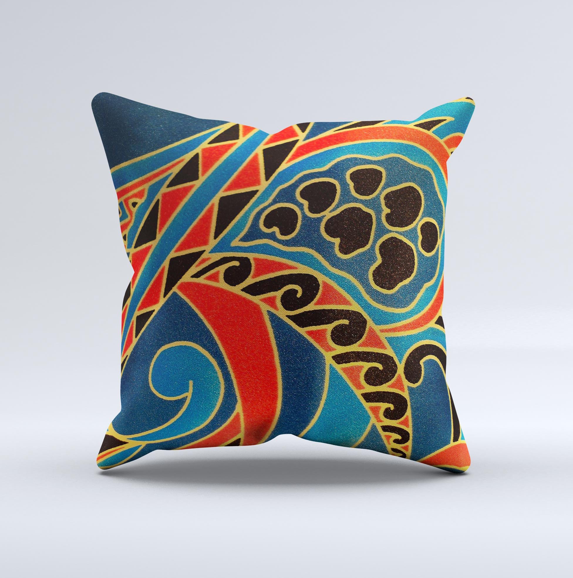 Orange and blue decorative throw pillow featuring abstract shapes, handcrafted in Virginia with high thread count fabric and polyester filling.