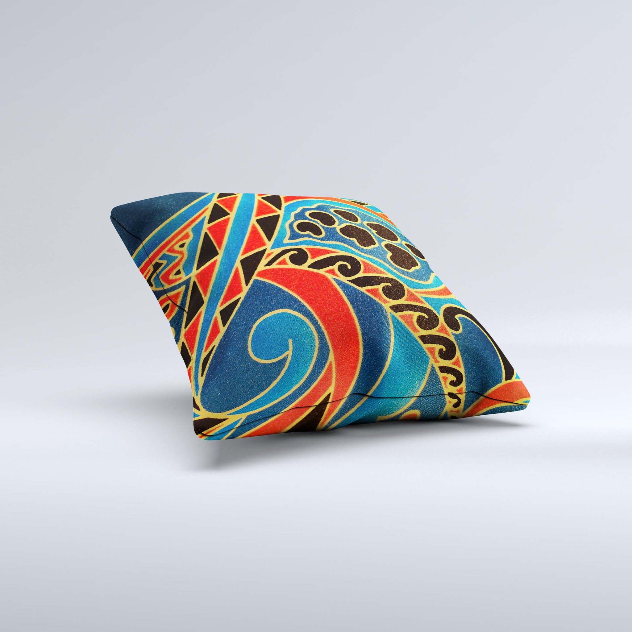 Orange and blue decorative throw pillow featuring abstract shapes, handcrafted in Virginia with high thread count fabric and polyester filling.