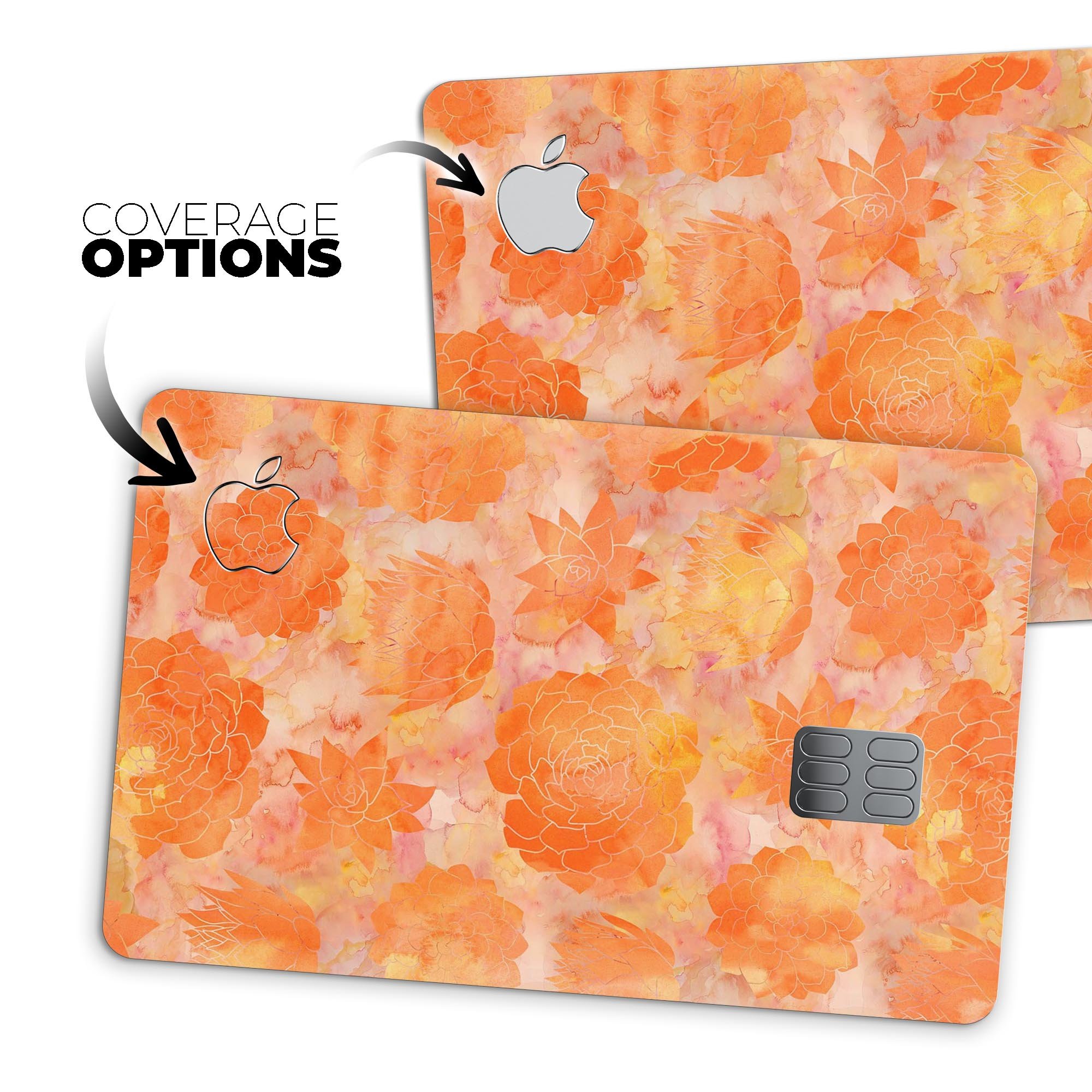 Orange Floral Succulents decal skin for Apple Card, showcasing vibrant floral design on premium vinyl.