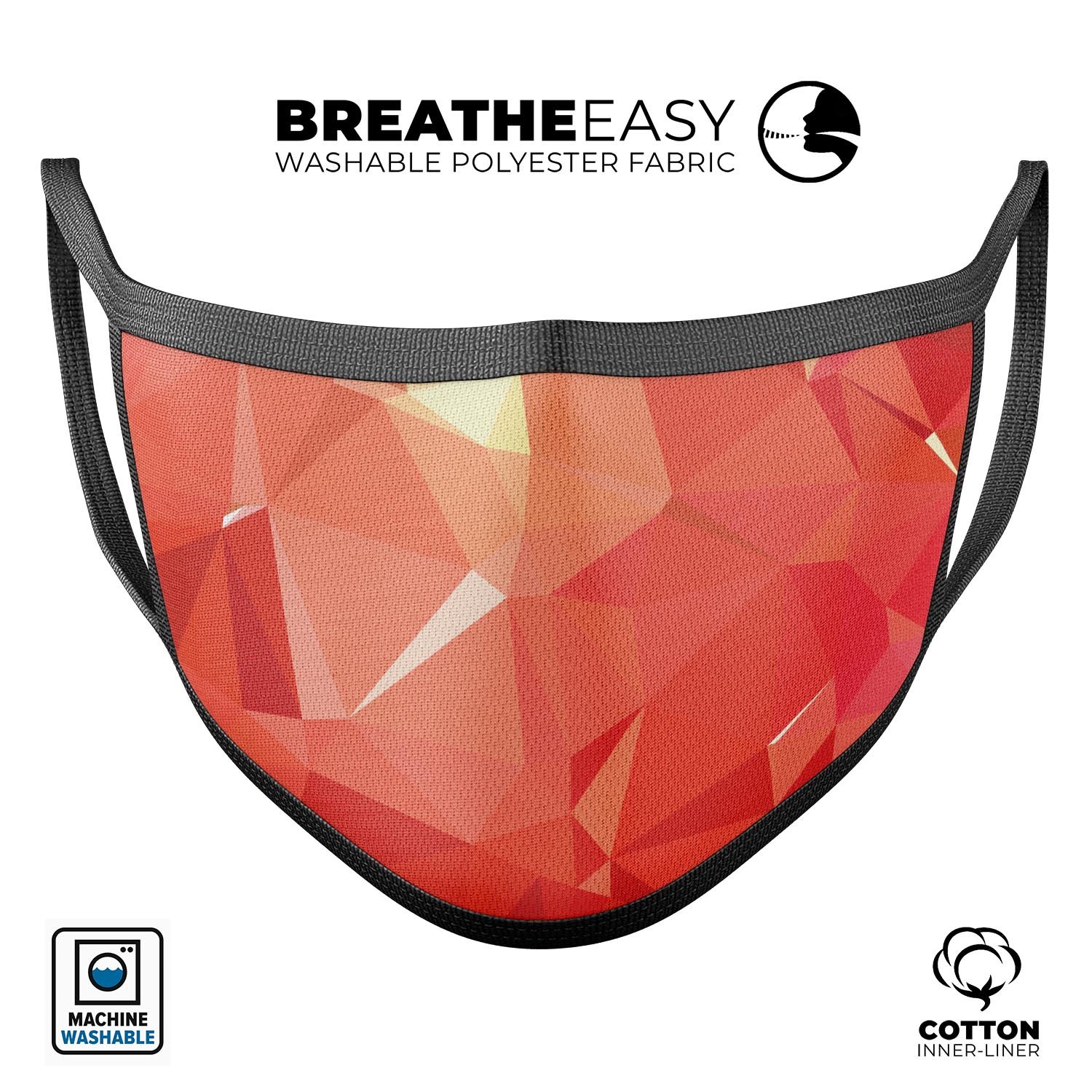 Orange Geometric V17 mouth cover, a stylish unisex anti-dust cotton mask with adjustable ear loops, made in the USA.