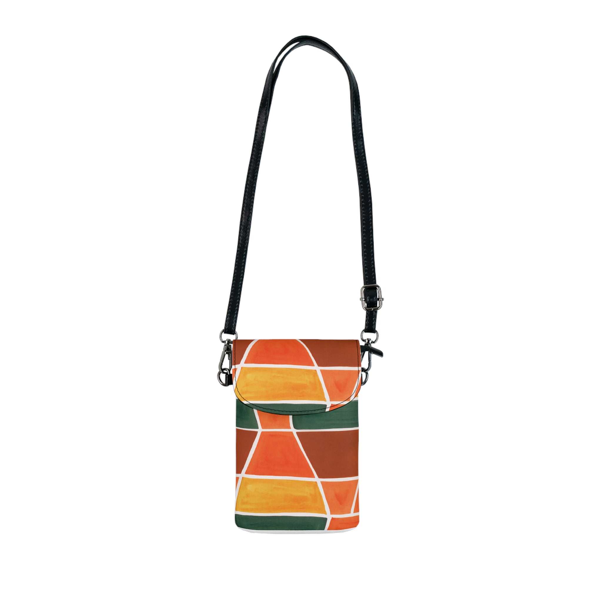 Orange Green Yellow Boho Pattern Crossbody Cell Phone Wallet Purse with adjustable strap and card slots.