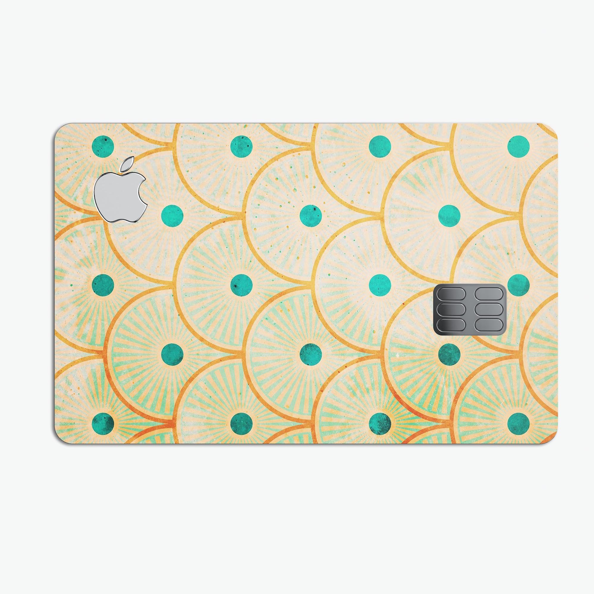 Orange semicircles with teal polka dots protective decal for Apple Card, showcasing vibrant colors and stylish design.