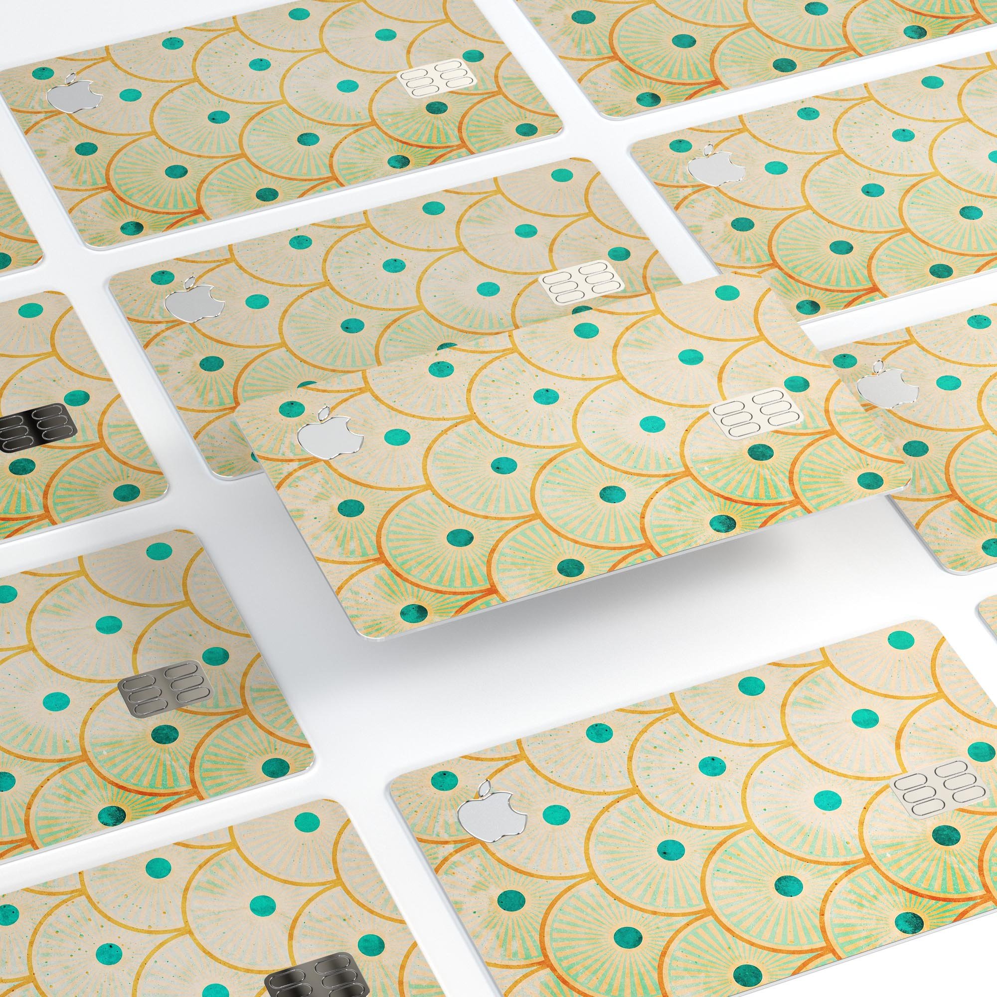 Orange semicircles with teal polka dots protective decal for Apple Card, showcasing vibrant colors and stylish design.