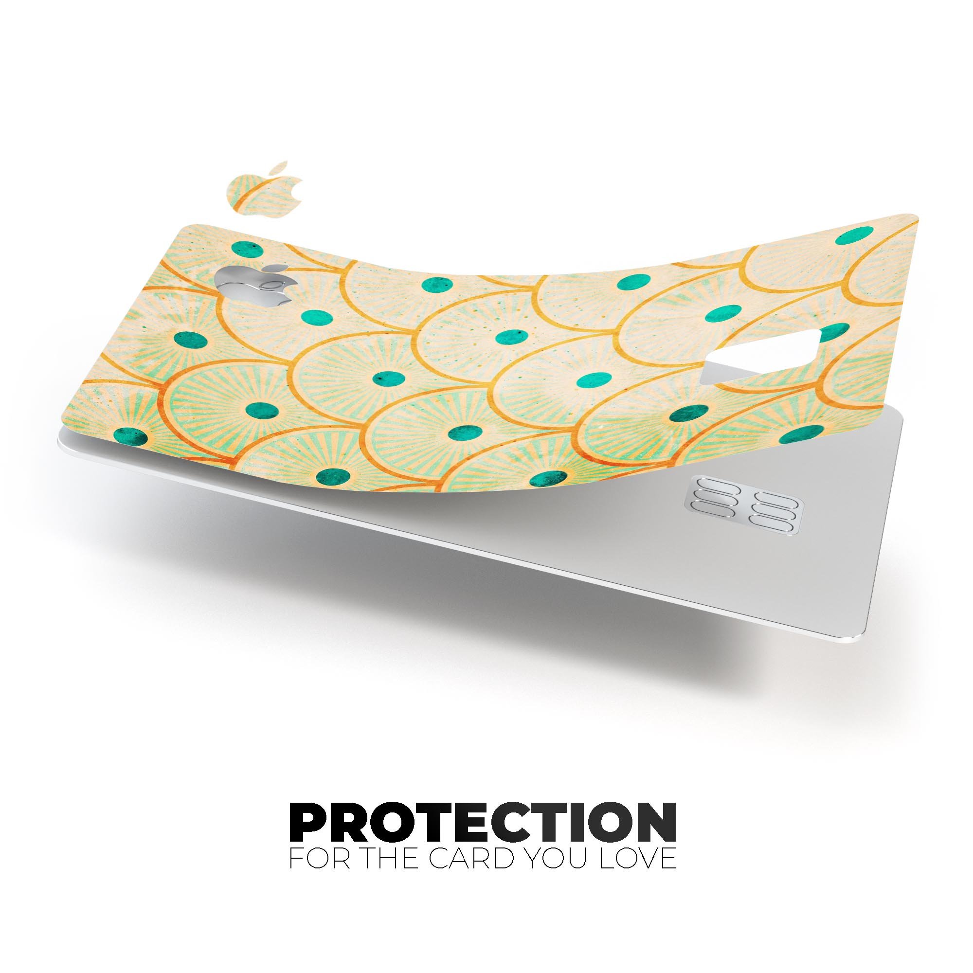 Orange semicircles with teal polka dots protective decal for Apple Card, showcasing vibrant colors and stylish design.