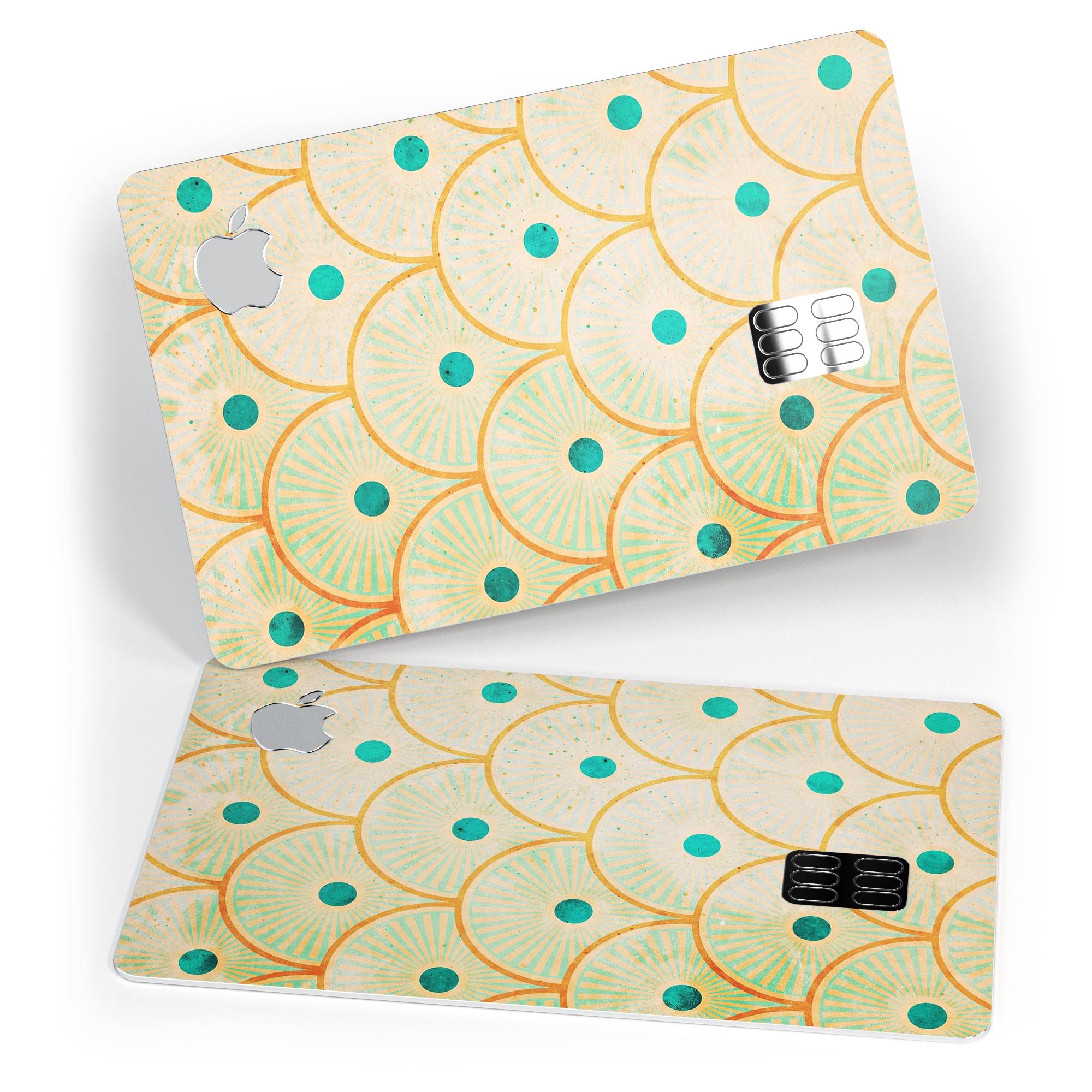 Orange semicircles with teal polka dots protective decal for Apple Card, showcasing vibrant colors and stylish design.
