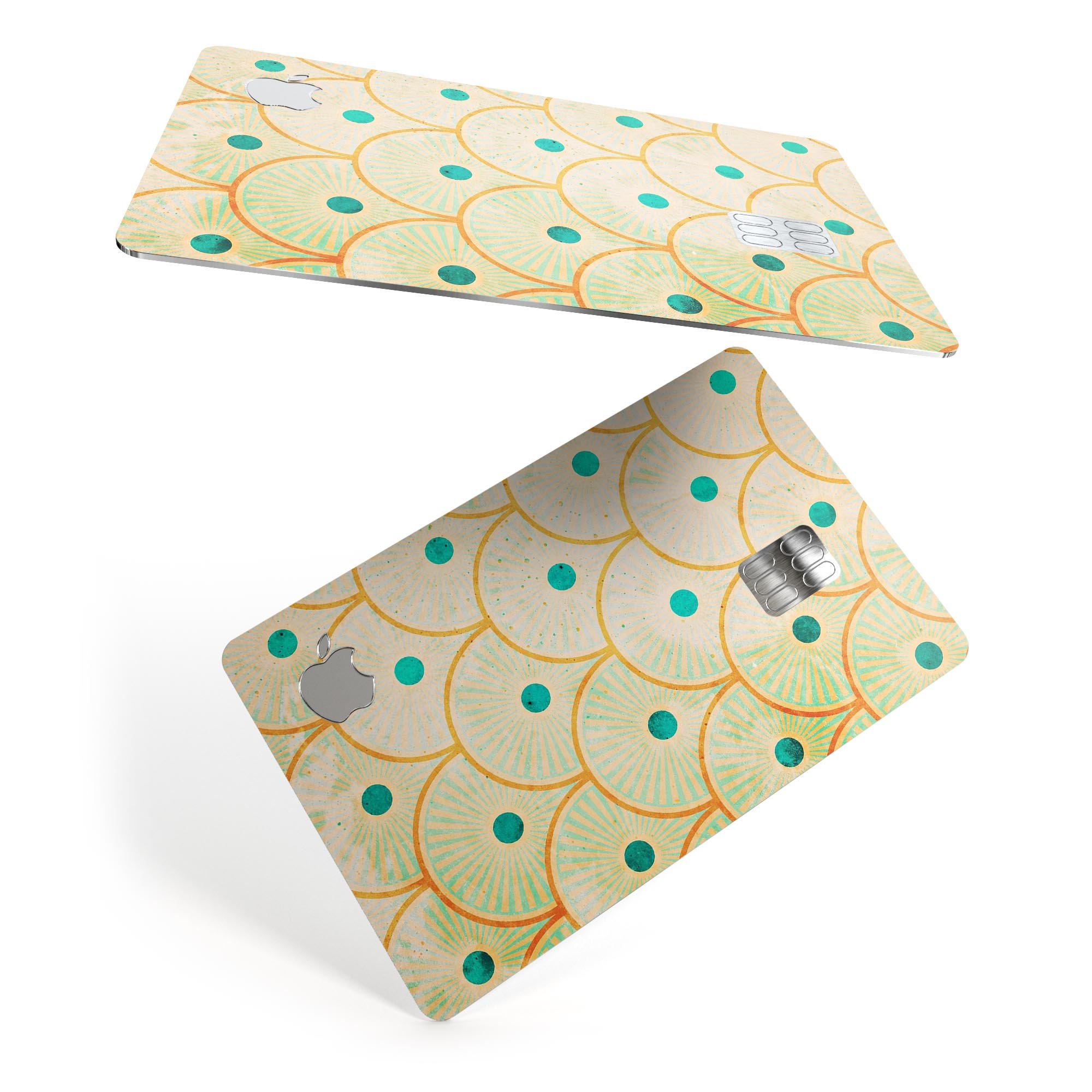 Orange semicircles with teal polka dots protective decal for Apple Card, showcasing vibrant colors and stylish design.