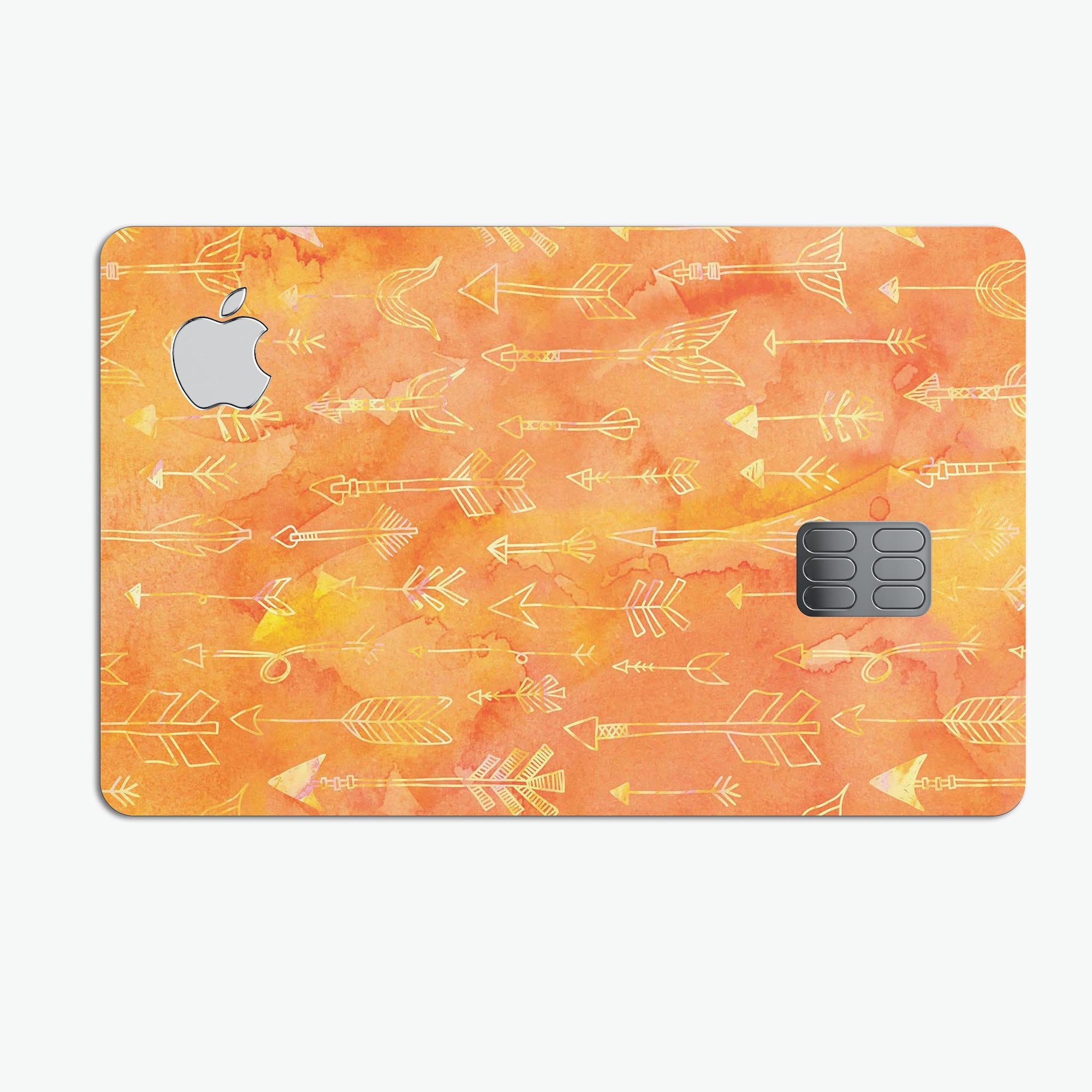 Orange Tribal Arrow Pattern decal skin for Apple Card, showcasing vibrant tribal design and premium vinyl material.
