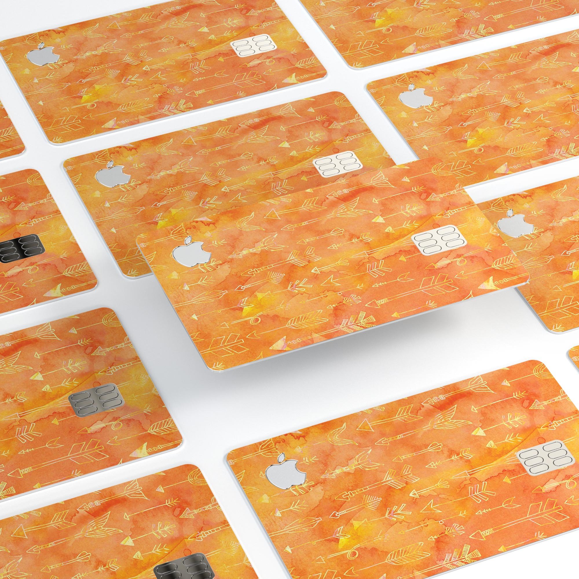 Orange Tribal Arrow Pattern decal skin for Apple Card, showcasing vibrant tribal design and premium vinyl material.