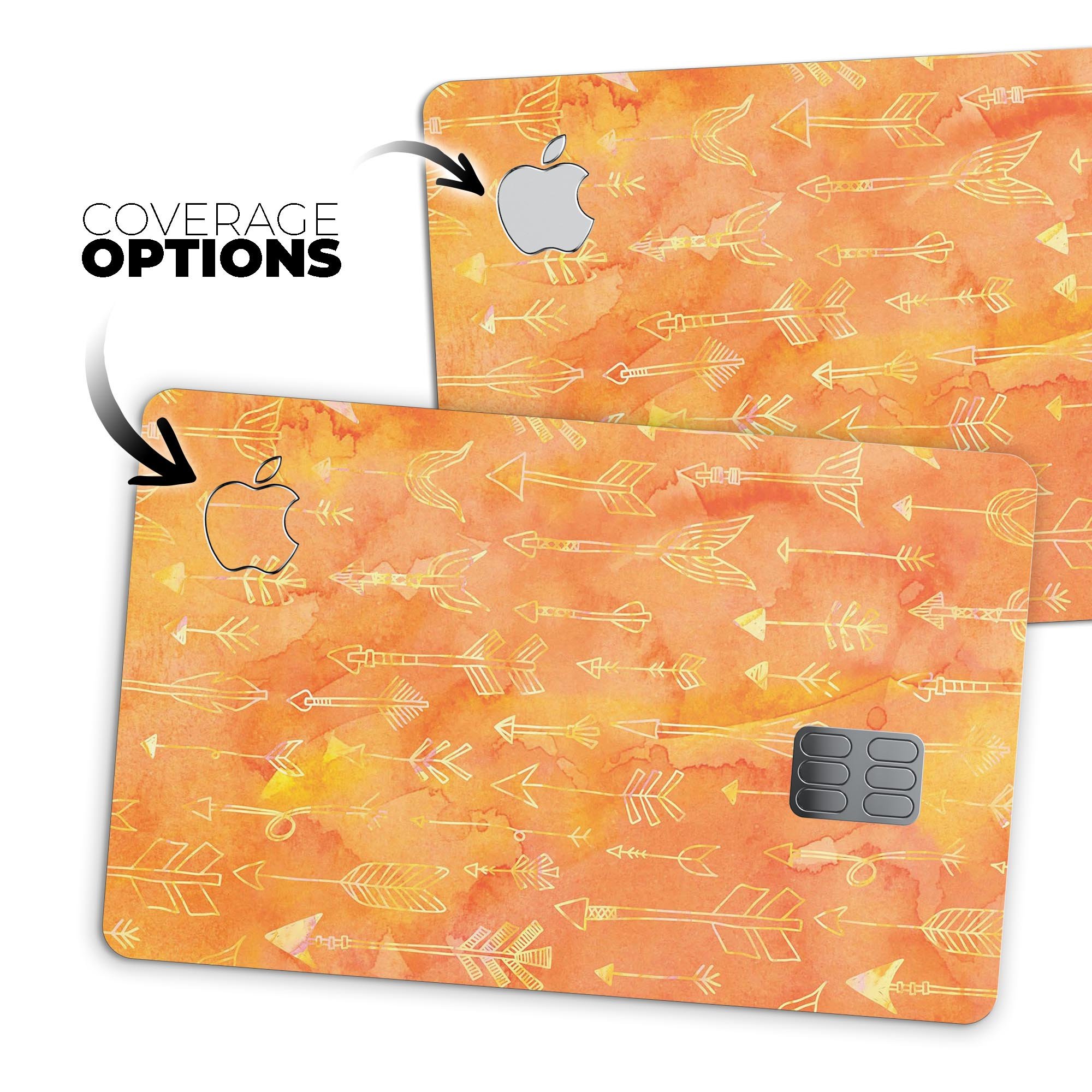 Orange Tribal Arrow Pattern decal skin for Apple Card, showcasing vibrant tribal design and premium vinyl material.