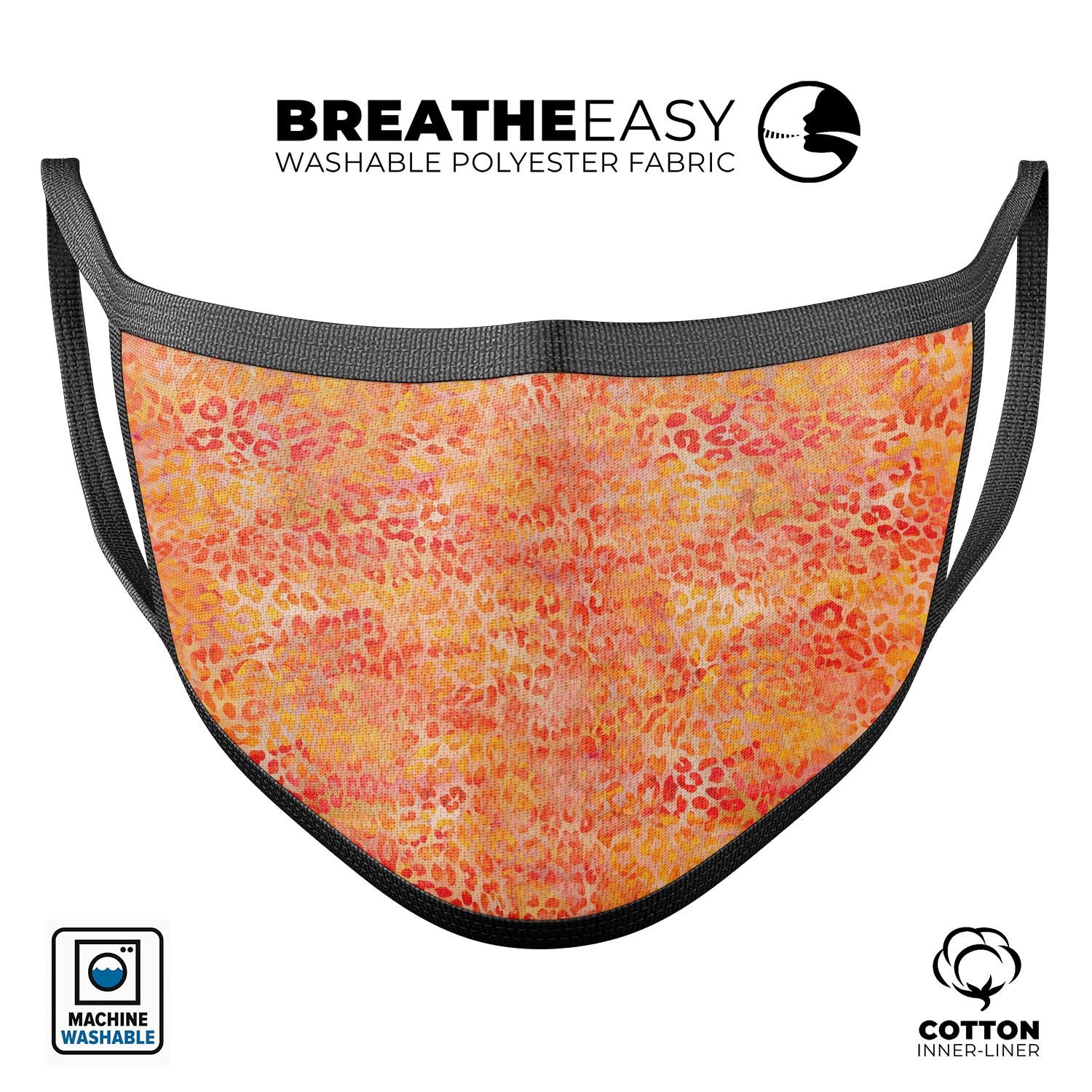 Orange Watercolor Leopard Pattern mouth cover, showcasing vibrant colors and adjustable ear loops for a comfortable fit.