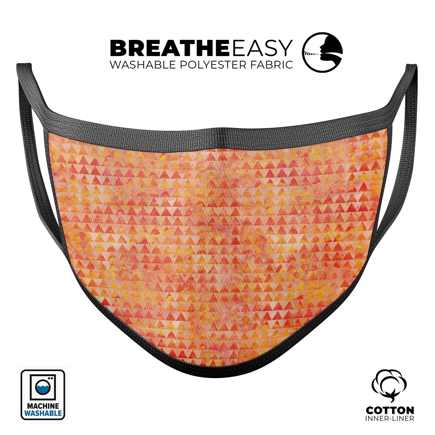 Orange textured triangle pattern mouth cover, made in the USA, showcasing adjustable ear loops and soft cotton interior.
