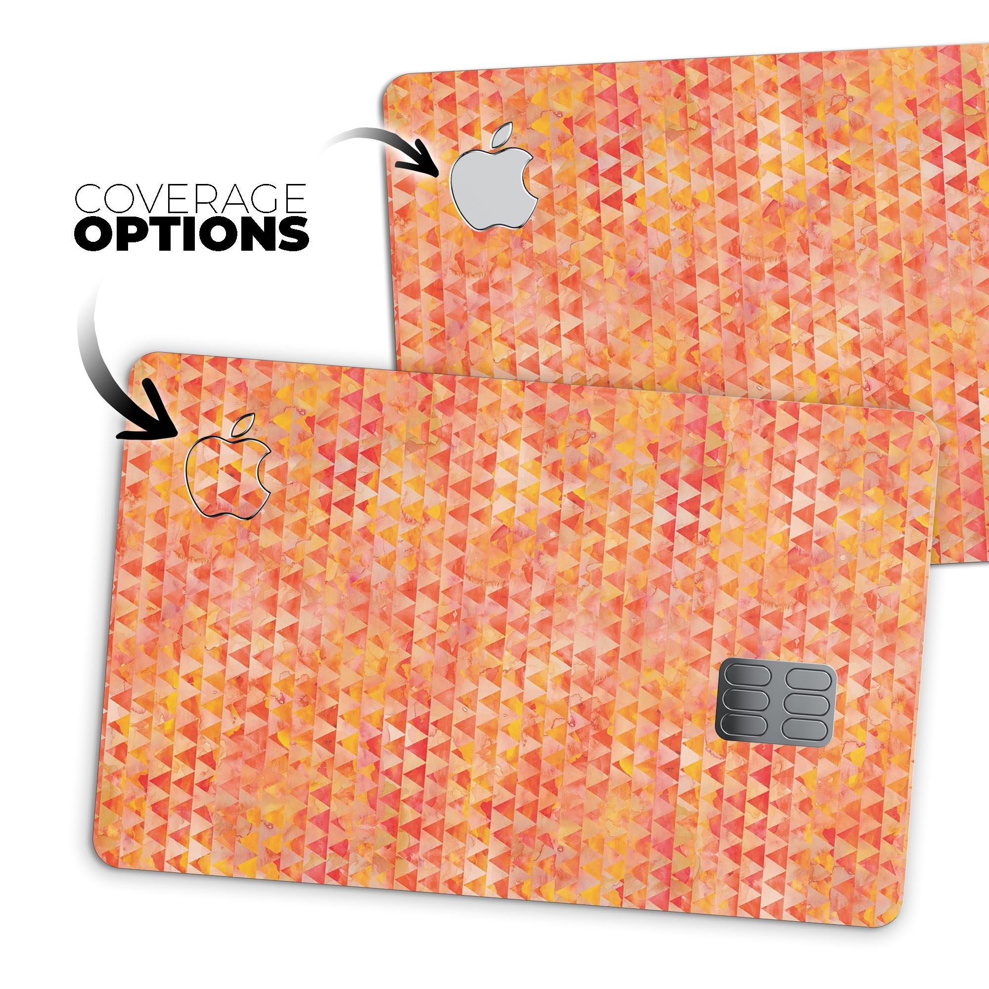 Premium orange textured triangle pattern decal skin for Apple Card, showcasing its unique design and protective features.