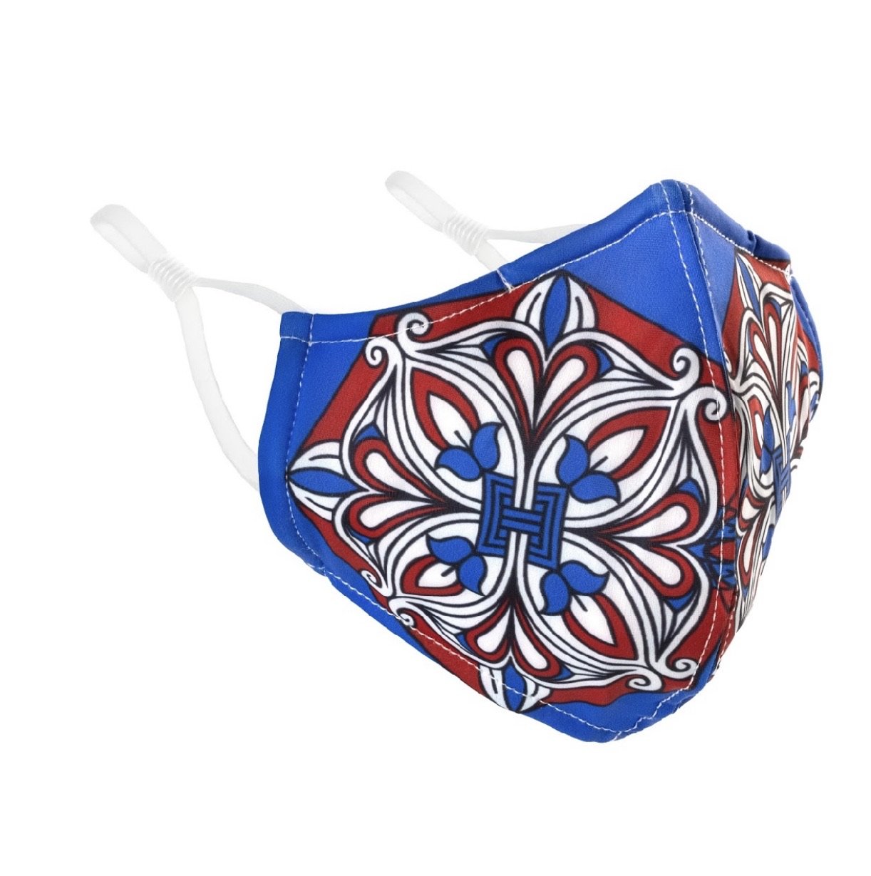 Ornament Face Mask featuring a stylish design with adjustable ear loops and contoured nose wire, made from lightweight polyester fabric.