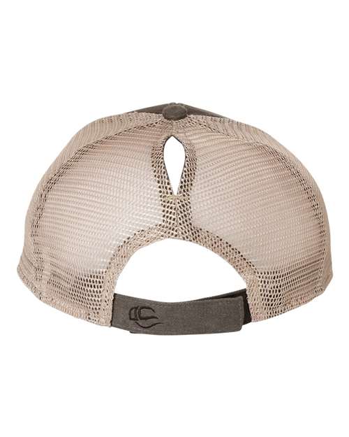 Outdoor Cap Ponytail Mesh-Back Cap featuring a ponytail opening, washed cotton twill front, and soft mesh back panels.