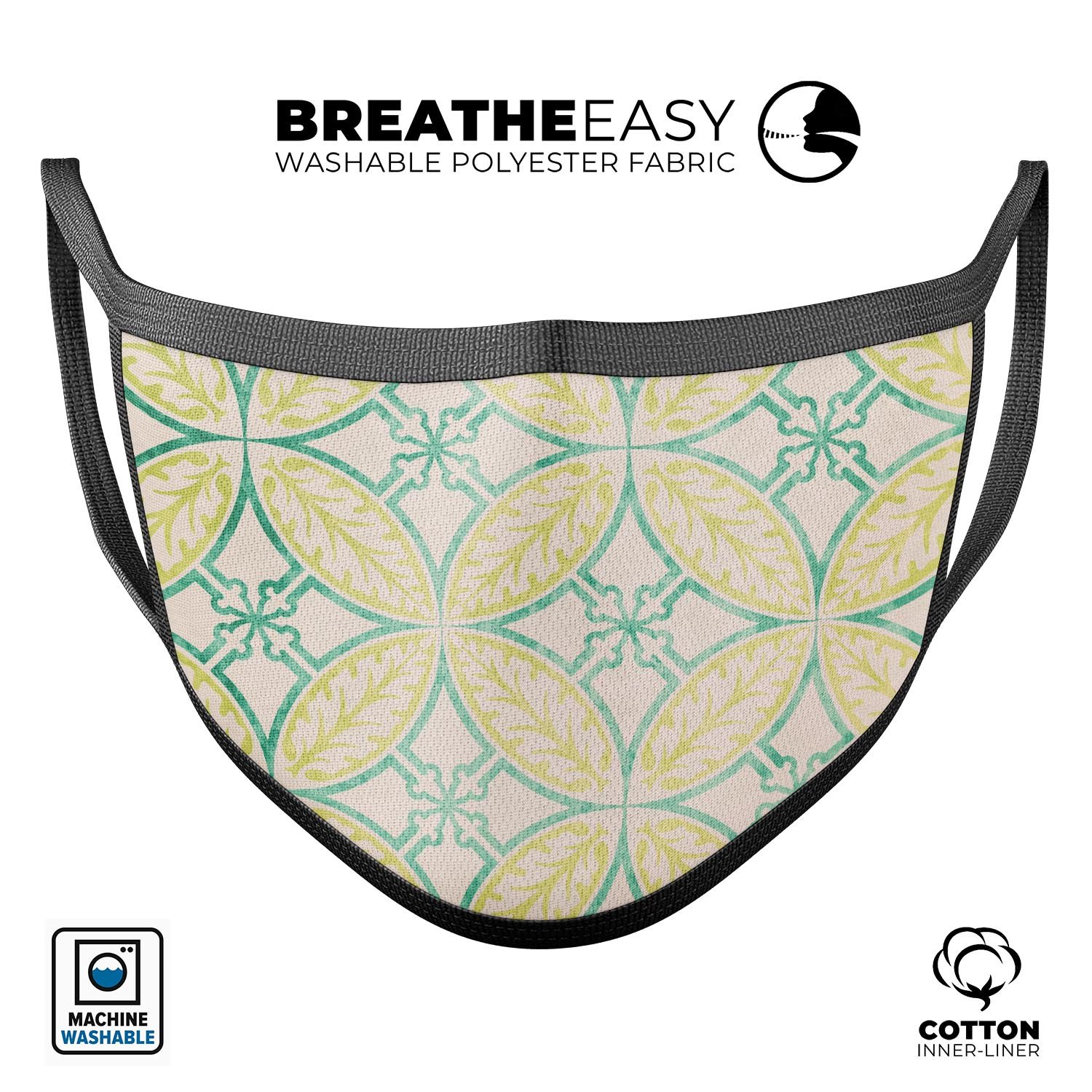 Oversized green and yellow overlapping circles face mask, showcasing vibrant colors and adjustable ear loops for a perfect fit.