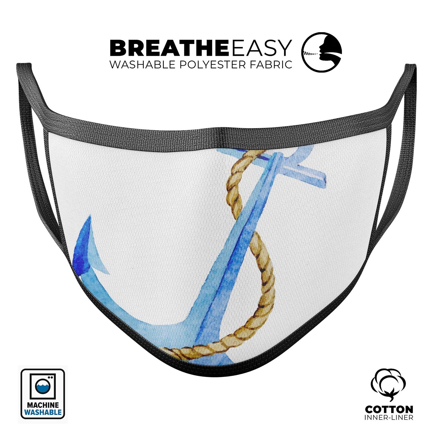 Painted Blue Summer Anchor mouth cover, unisex anti-dust mask made in the USA, featuring a vibrant blue anchor design.