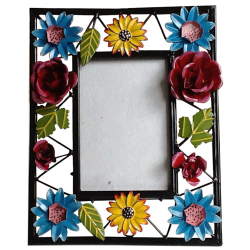 A beautifully hand-painted metal photo frame featuring 3D floral designs, perfect for displaying 4x6 photos.