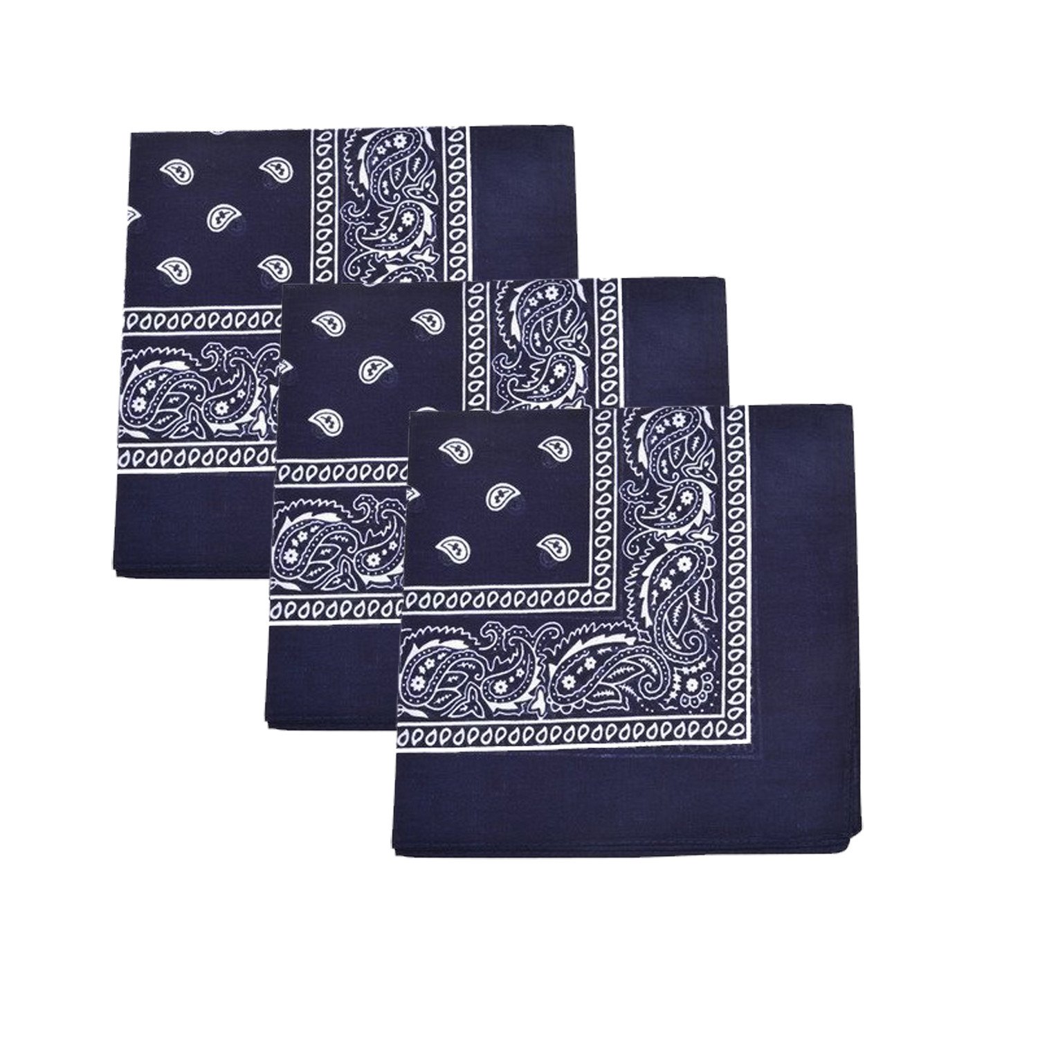 Set of three blue paisley bandanas made from 100% cotton, showcasing a vibrant and stylish design suitable for various uses.