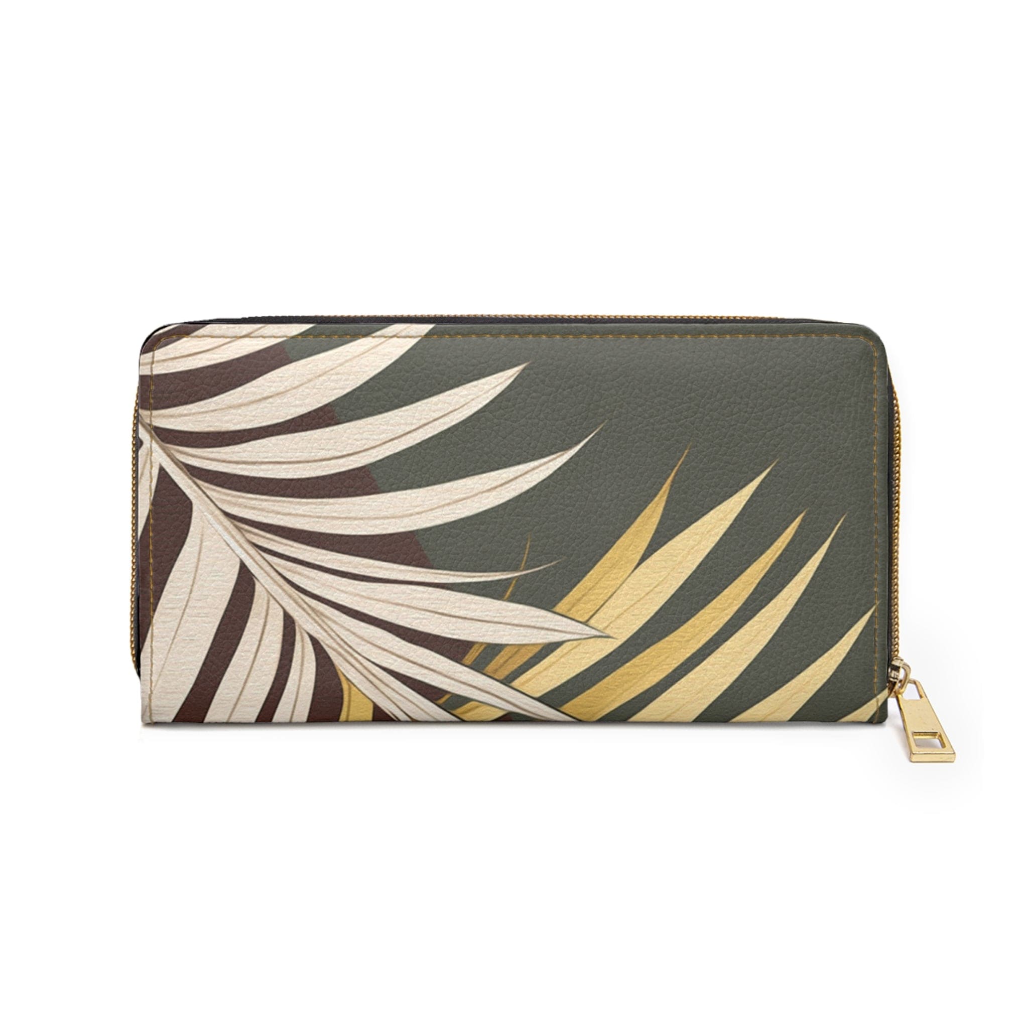 A stylish women's zipper wallet featuring a vibrant yellow and green palm tree leaves illustration, showcasing its faux leather material and zipper closure.