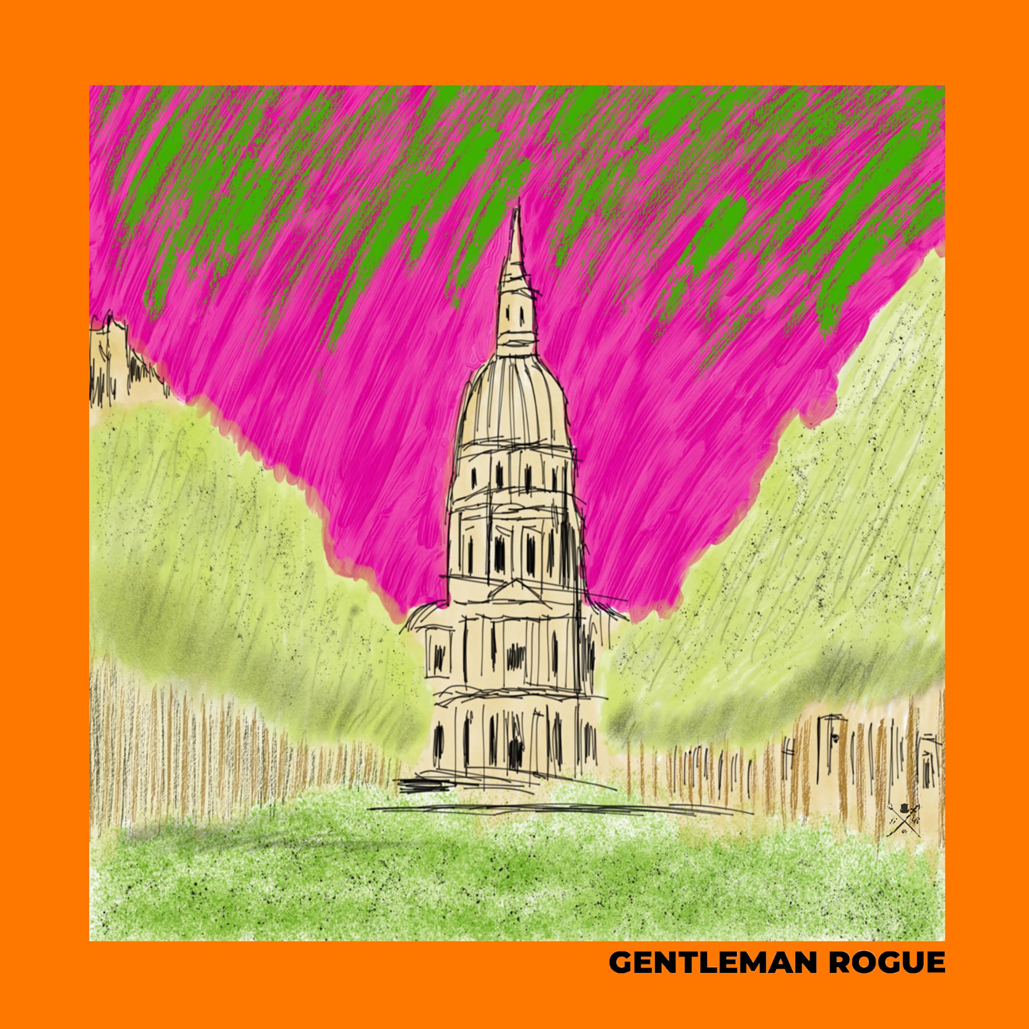 A vibrant orange ladies scarf featuring a hand sketched design of Les Invalides, adorned with the Gentleman Rogue logo.
