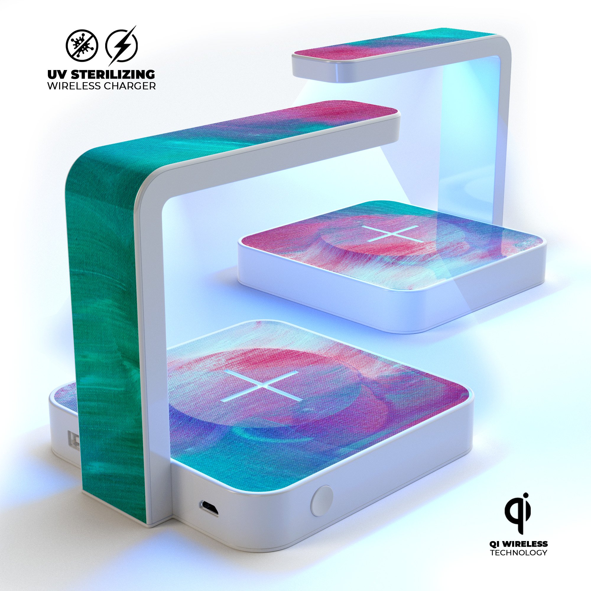 Pastel Marble Surface UV Germicidal Sanitizing Wireless Charger with phone on top, showcasing its sleek design and functionality.