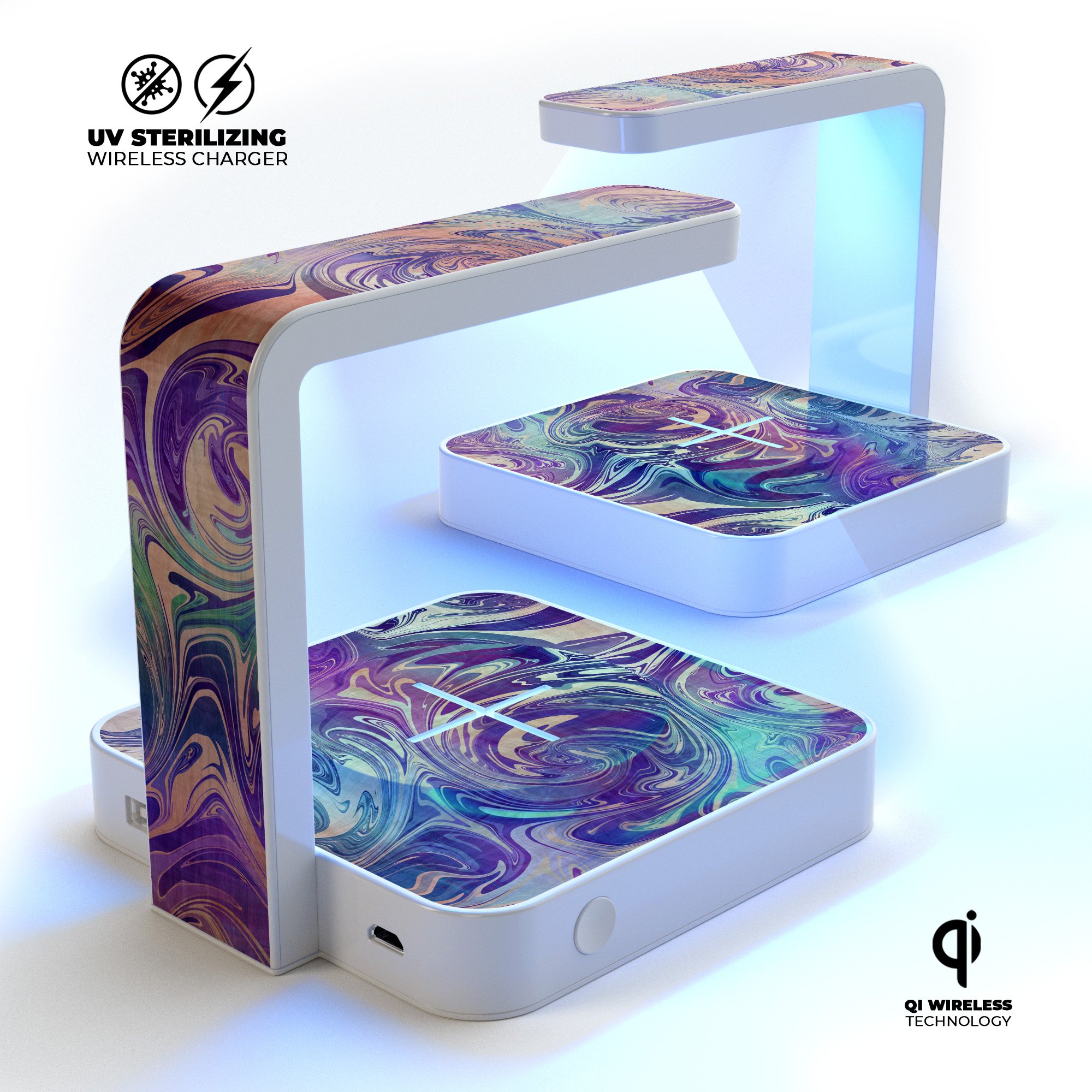 Pastel Minimalistic Acrylic Swirl V2 UV Germicidal Sanitizing wireless charger with phone sterilizing feature, stylish design, and USB cable.