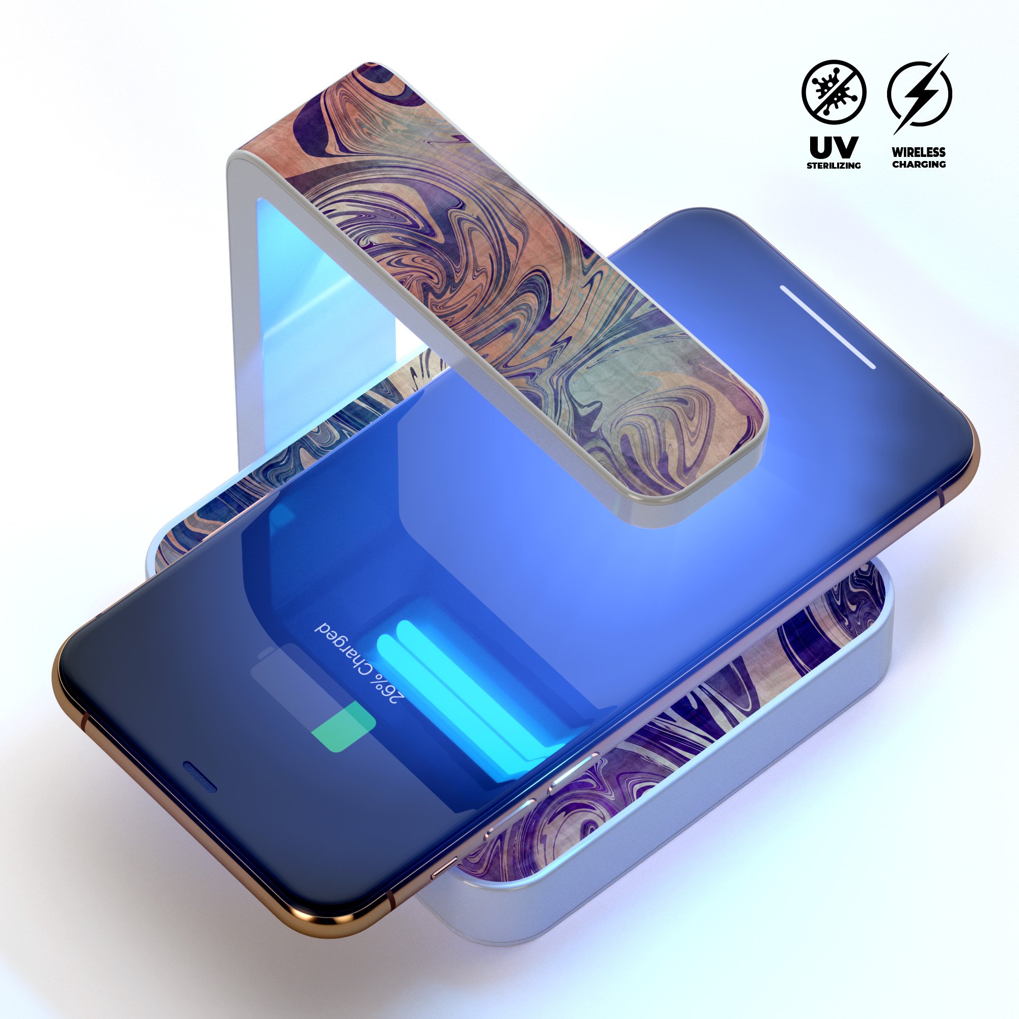 Pastel Minimalistic Acrylic Swirl V2 UV Germicidal Sanitizing wireless charger with phone sterilizing feature, stylish design, and USB cable.